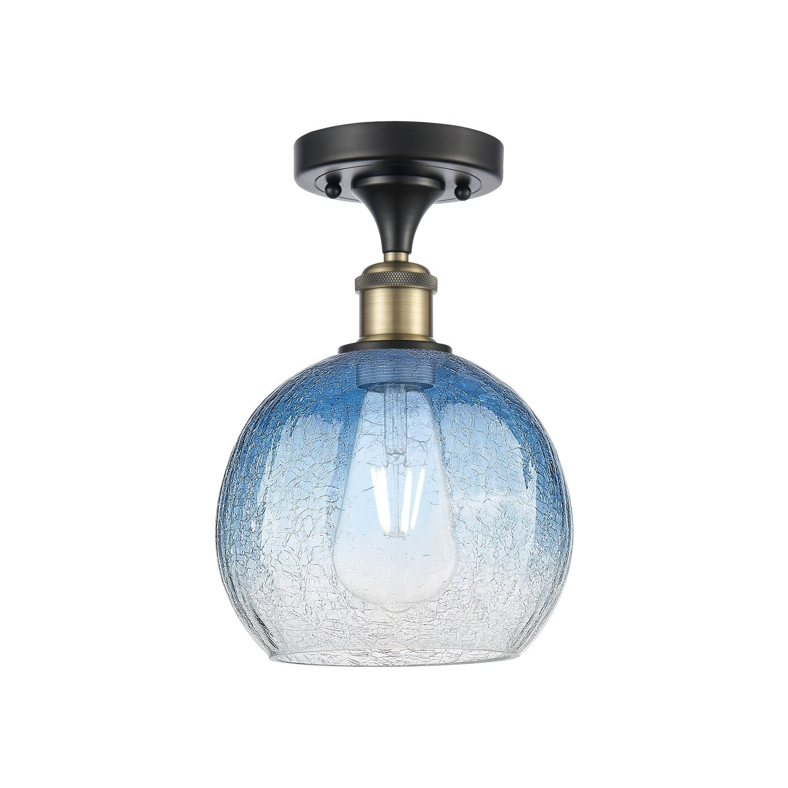 Innovations Brookhaven Globe 8in 1-Light Semi-Flush | Industrial Black Antique Brass and Sapphire Blue Glass | Hallway | Model 516-1C-BAB-G483-8SB