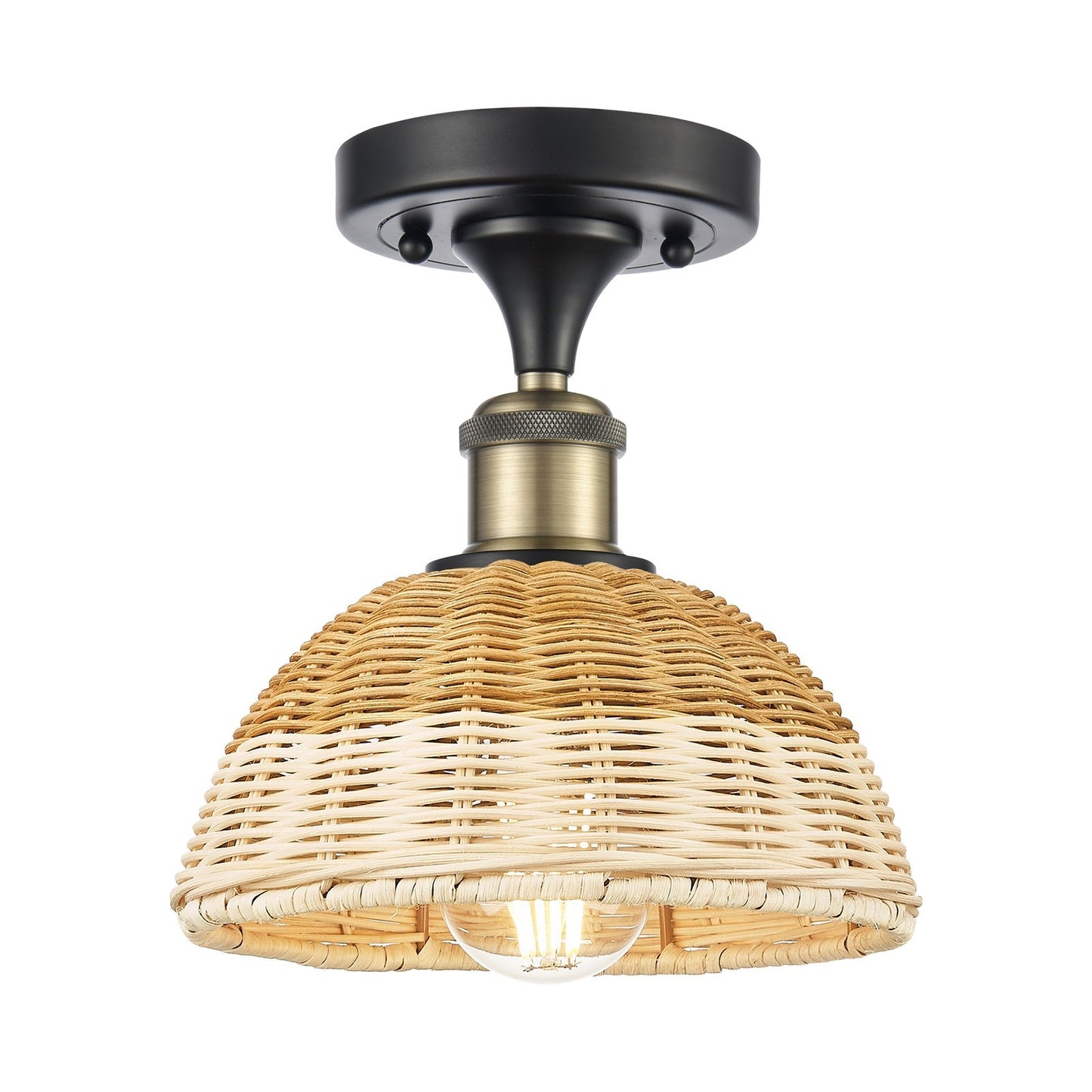 Innovations Bristol Natural II 7.5in 1-Light Semi-Flush | Industrial Black Antique Brass and Natural Fiber Dome | Model 516-1C-BAB-NBD2-75-NAT