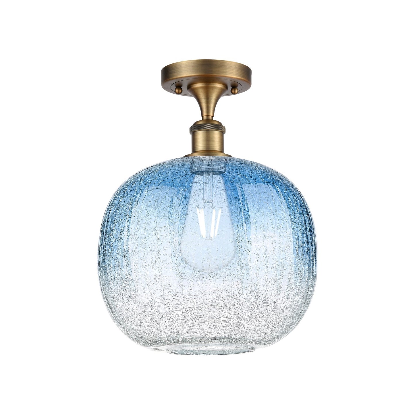 Innovations Brookhaven Sphere 10.5in 1-Light Semi-Flush | Industrial Brushed Brass and Sapphire Blue Glass | Kitchen | Model 516-1C-BB-G481-10SB