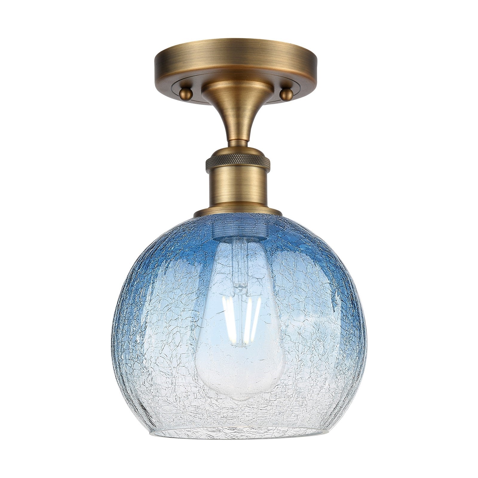 Innovations Brookhaven Globe 7.88in 1-Light Semi-Flush | Industrial Brushed Brass and Sapphire Blue Glass | Kitchen | Model 516-1C-BB-G483-8SB