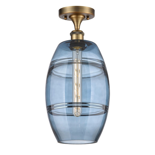 Innovations Lighting Vaz 8in 1-Light Semi-Flush Mount | Industrial Brushed Brass Steel and Princess Blue Glass | Hallway & | Model 516-1C-BB-G557-8BL