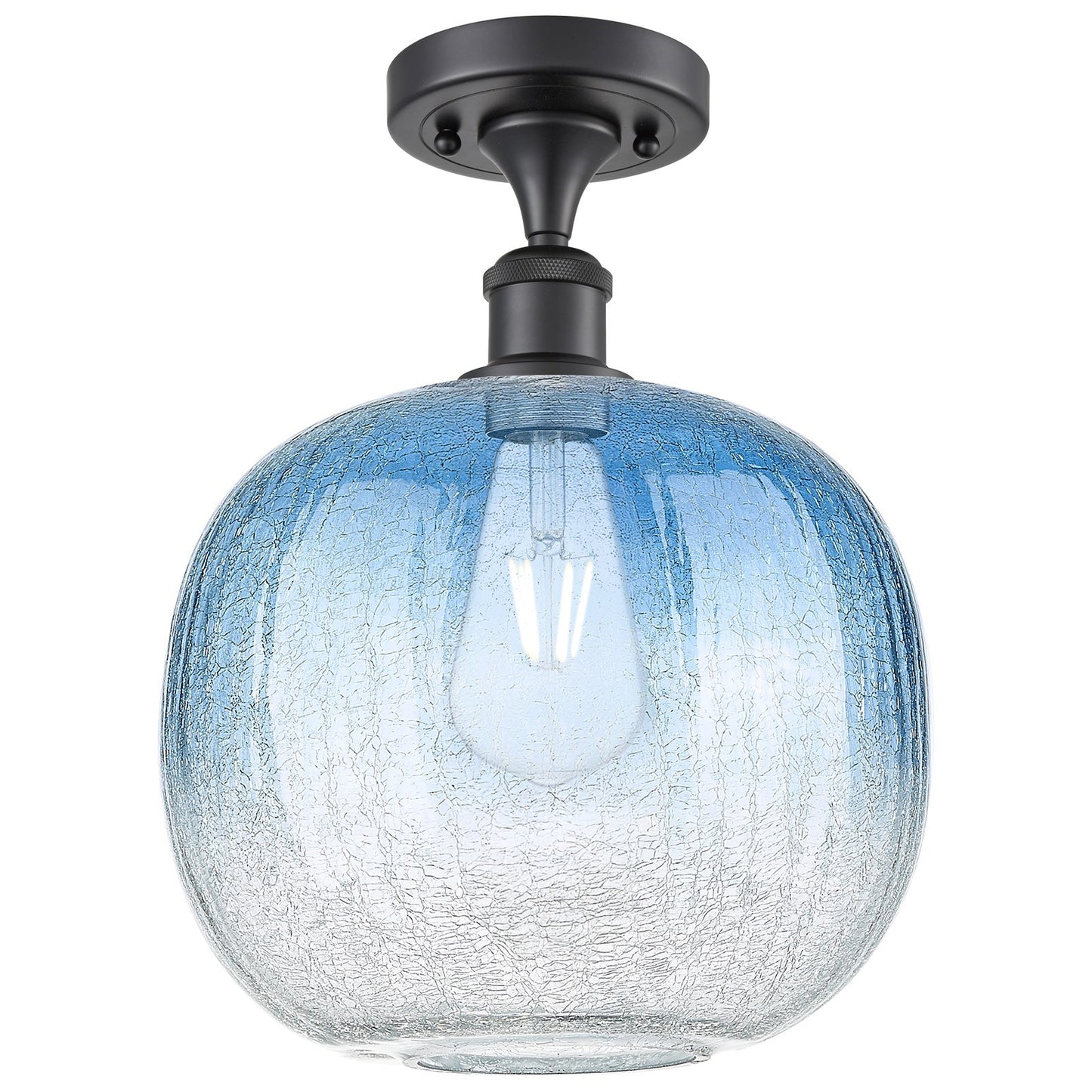 Innovations Brookhaven Sphere 10.5in 1-Light Semi-Flush | Industrial Matte Black and Sapphire Blue Glass | Kitchen | Model 516-1C-BK-G481-10SB