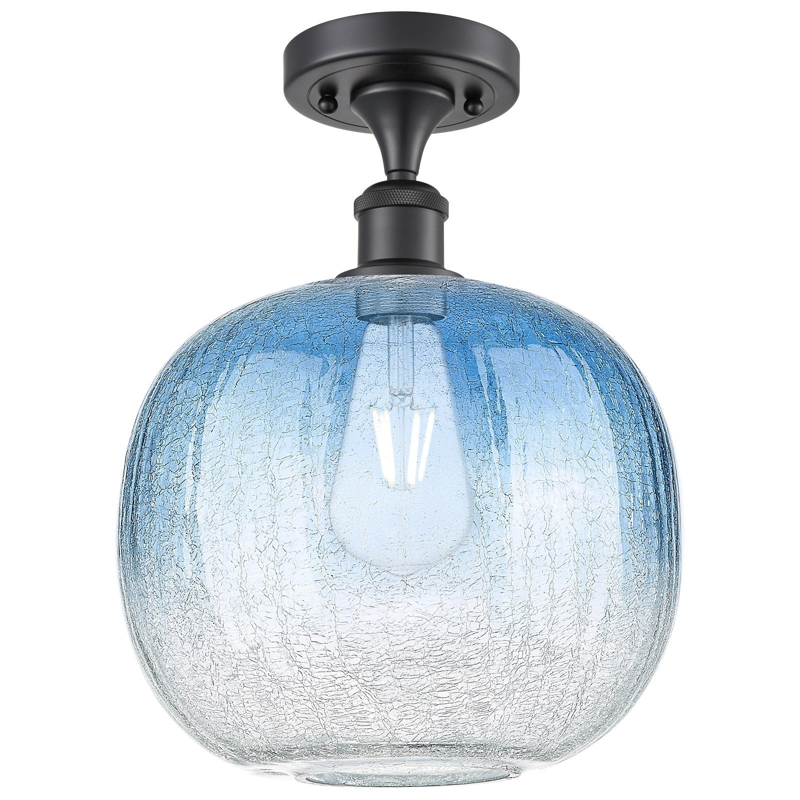 Innovations Brookhaven Sphere 10.5in 1-Light Semi-Flush | Industrial Matte Black and Sapphire Blue Glass | Kitchen | Model 516-1C-BK-G481-10SB