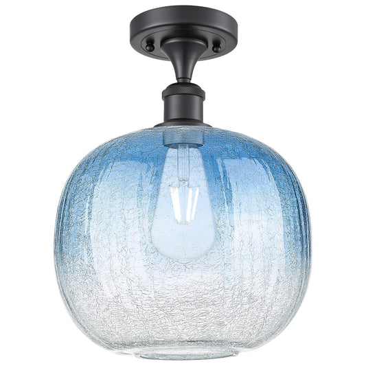 Innovations Brookhaven Sphere 10.5in 1-Light Semi-Flush | Industrial Matte Black and Sapphire Blue Glass | Kitchen | Model 516-1C-BK-G481-10SB