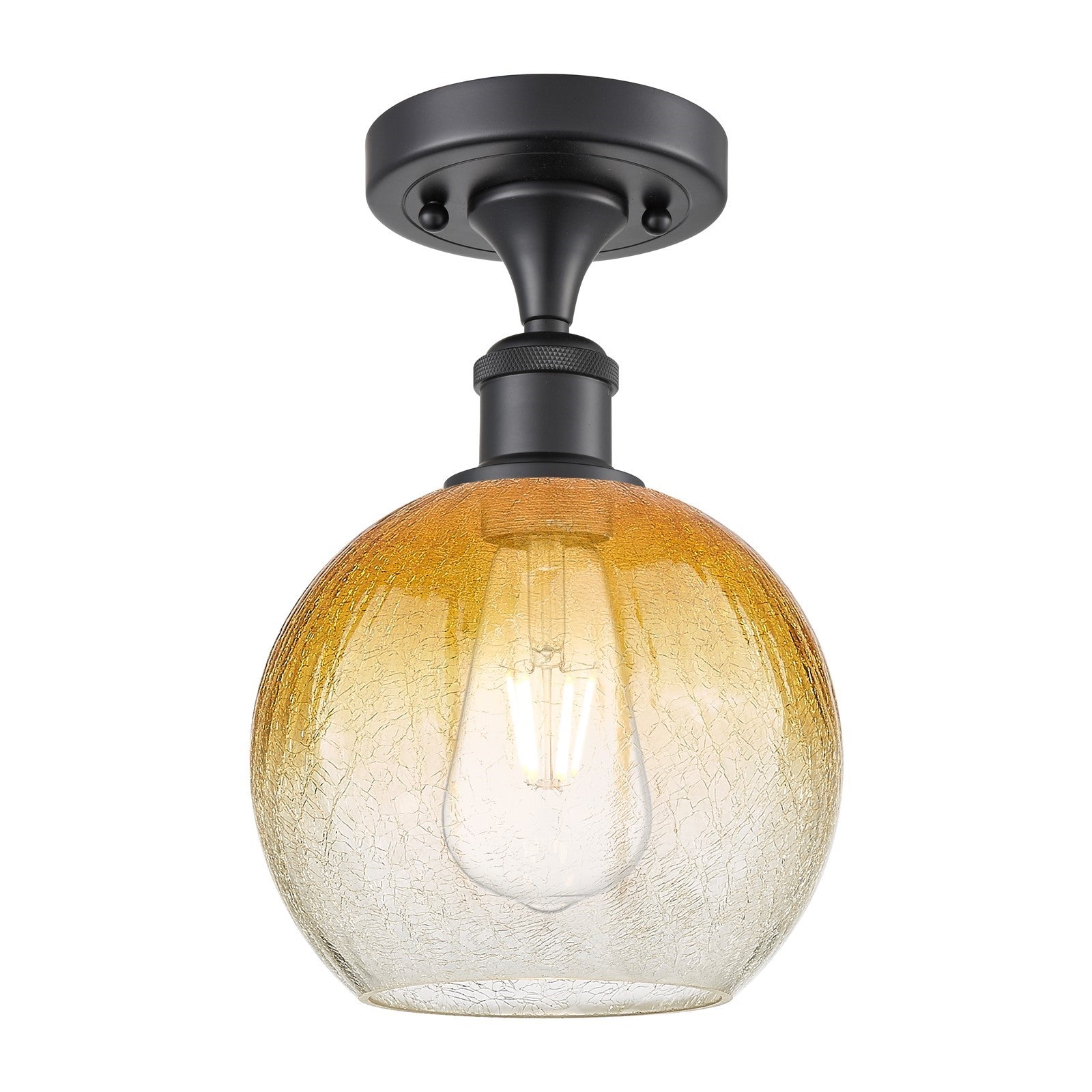 Innovations Brookhaven Globe 7.88in 1-Light Semi-Flush | Industrial Matte Black and Amber Glass | Kitchen & Hallway | Model 516-1C-BK-G483-8AM