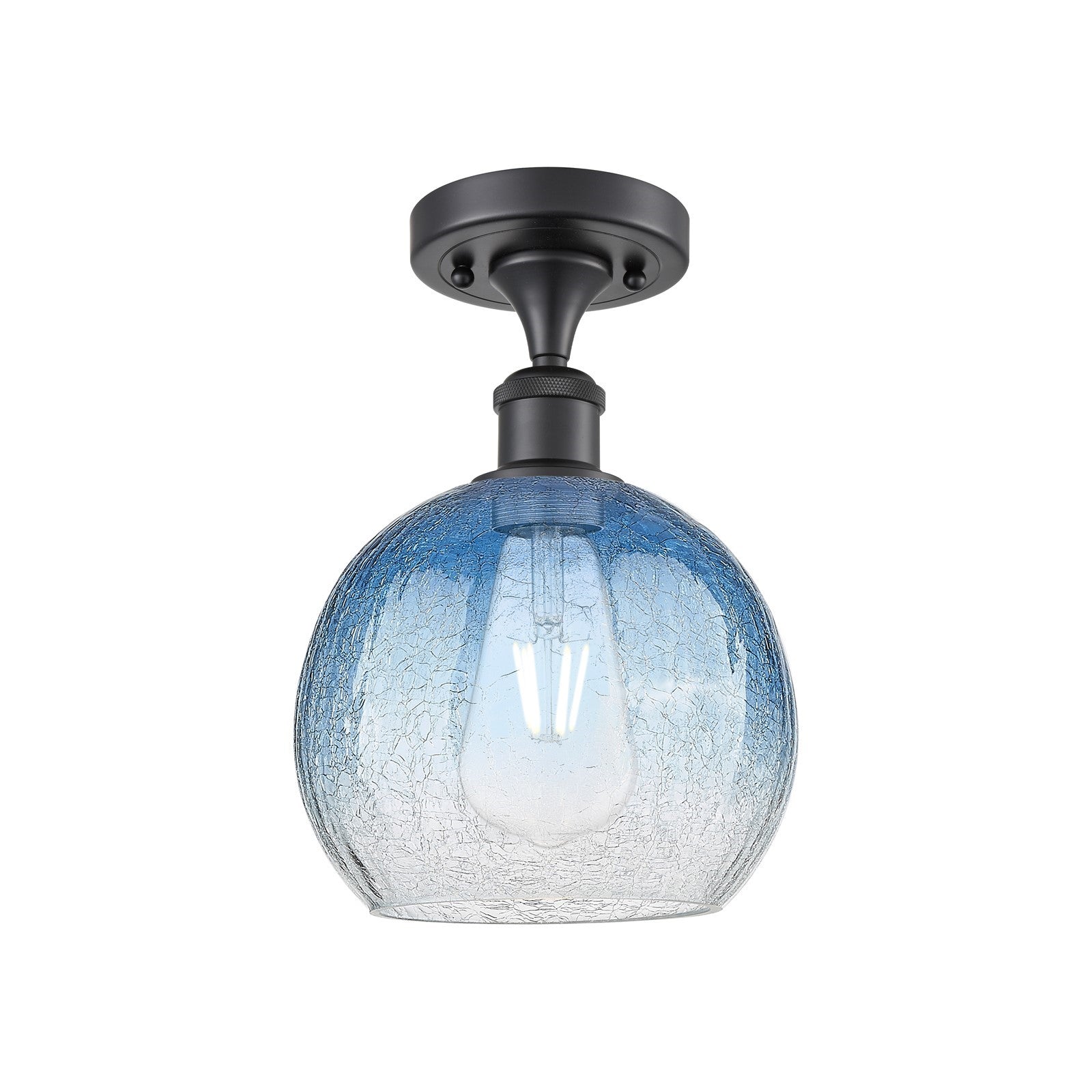 Innovations Brookhaven Globe 7.88in 1-Light Semi-Flush | Industrial Matte Black and Sapphire Blue Glass | Kitchen | Model 516-1C-BK-G483-8SB