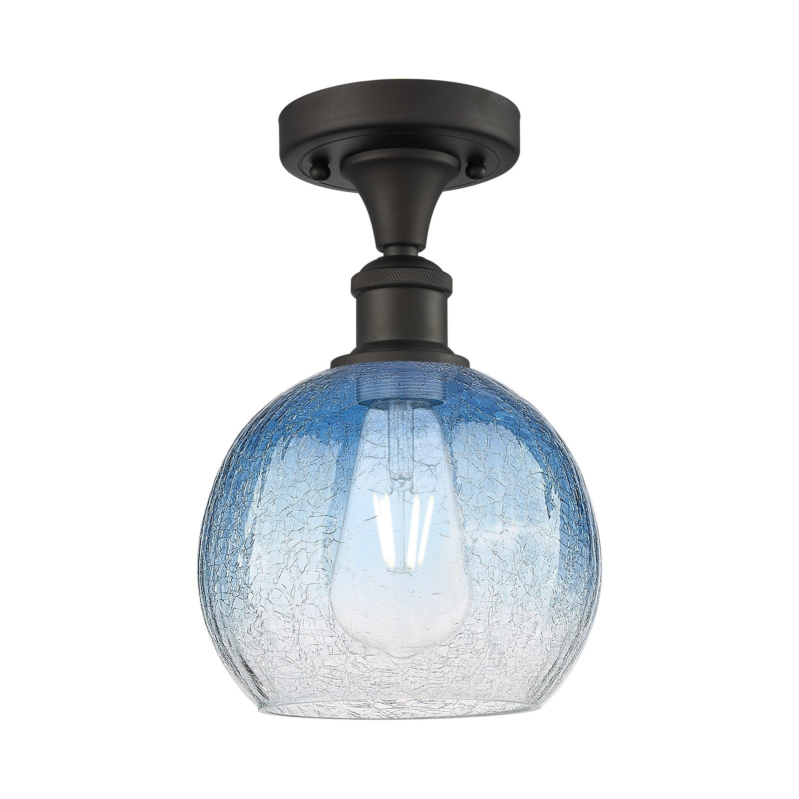 Innovations Brookhaven Globe 7.88in 1-Light Semi-Flush | Industrial Oil Rubbed Bronze and Sapphire Blue Glass | Hallway | Model 516-1C-OB-G483-8SB