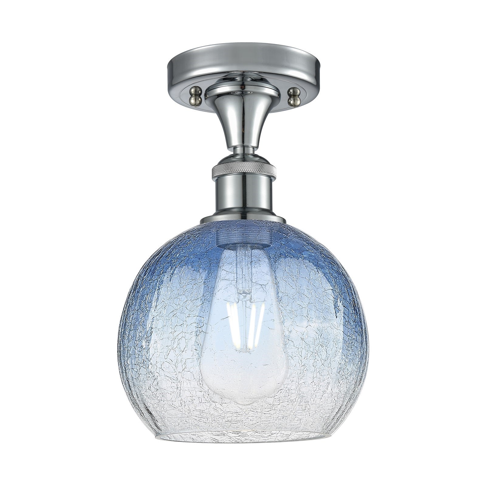 Innovations Brookhaven Globe 8in 1-Light Semi-Flush | Industrial Polished Chrome and Sapphire Blue Glass | Hallway | Model 516-1C-PC-G483-8SB