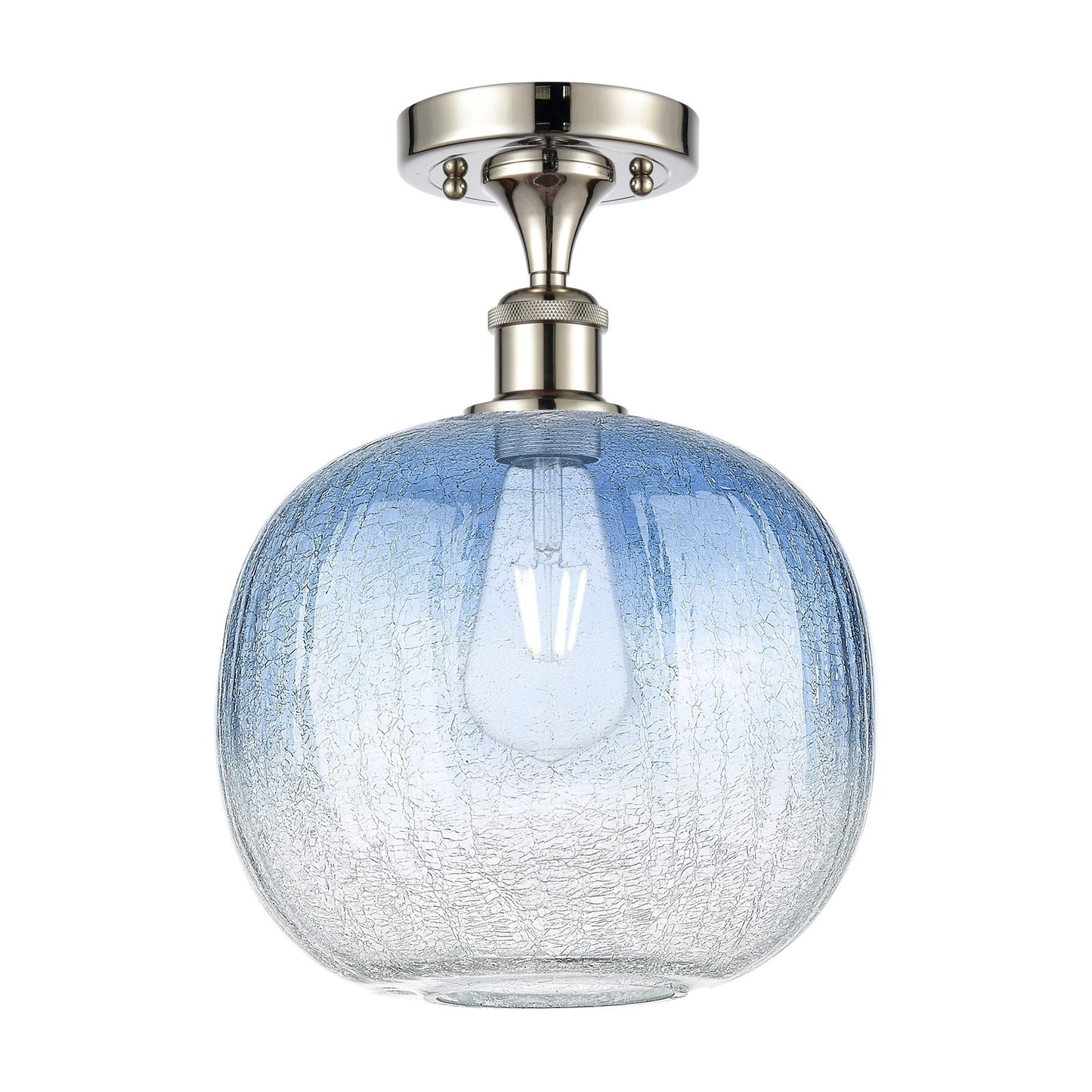 Innovations Brookhaven Sphere 10.5in 1-Light Semi-Flush | Industrial Polished Nickel and Sapphire Blue Glass | Hallway | Model 516-1C-PN-G481-10SB