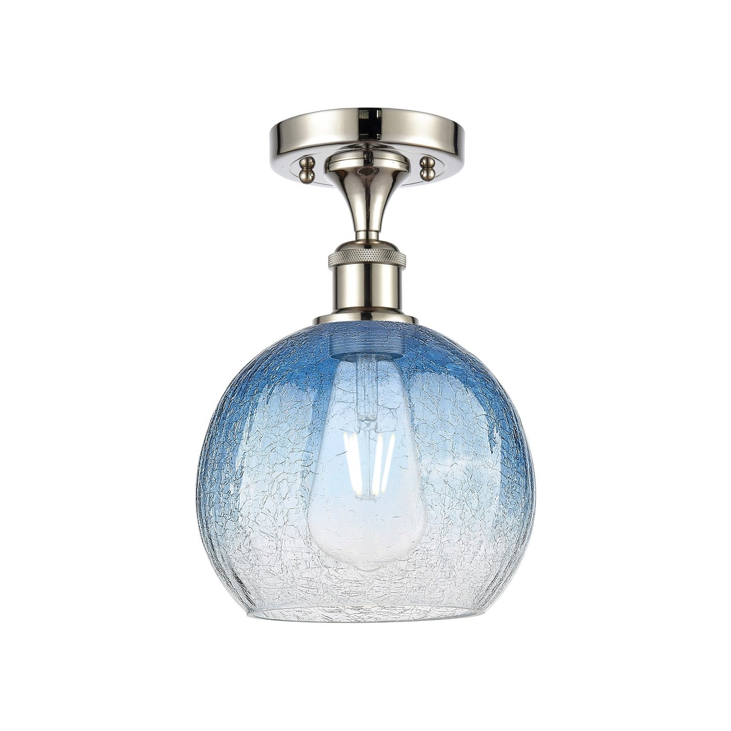 Innovations Brookhaven Globe 7.8in 1-Light Semi-Flush | Industrial Polished Nickel and Sapphire Blue Glass | Hallway | Model 516-1C-PN-G483-8SB