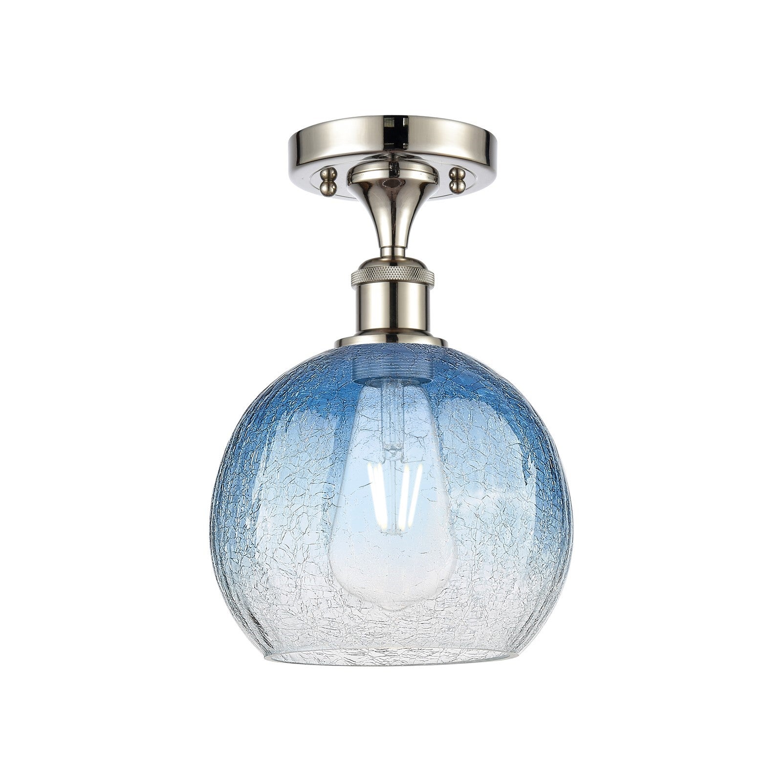 Innovations Brookhaven Globe 7.8in 1-Light Semi-Flush | Industrial Polished Nickel and Sapphire Blue Glass | Hallway | Model 516-1C-PN-G483-8SB