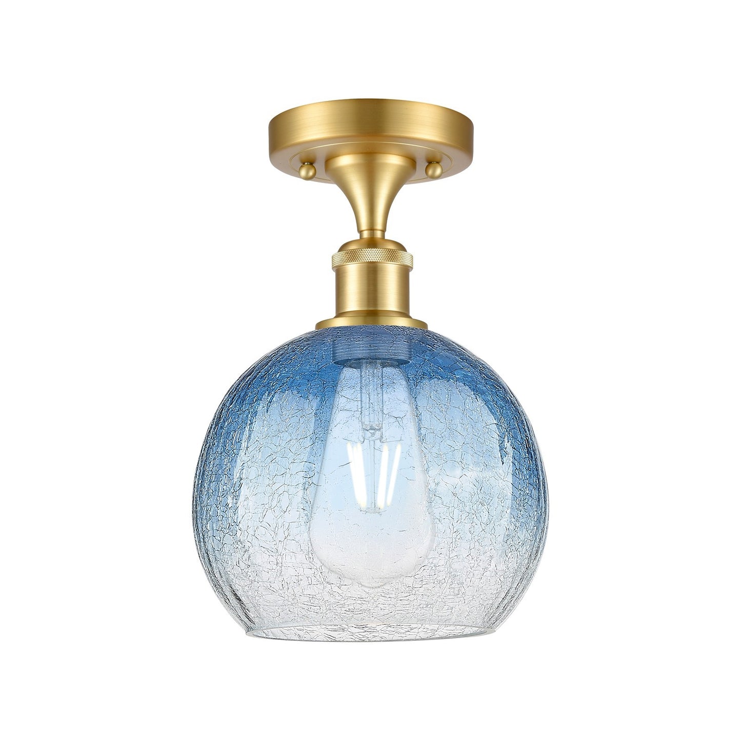 Innovations Brookhaven Globe 8in 1-Light Semi-Flush | Industrial Satin Gold and Sapphire Blue Glass | Kitchen & Hallway | Model 516-1C-SG-G483-8SB