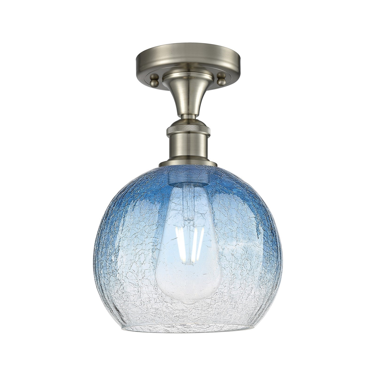 Innovations Brookhaven Globe 7.88in 1-Light Semi-Flush | Industrial Brushed Satin Nickel and Sapphire Blue Glass | Hallway | Model 516-1C-SN-G483-8SB