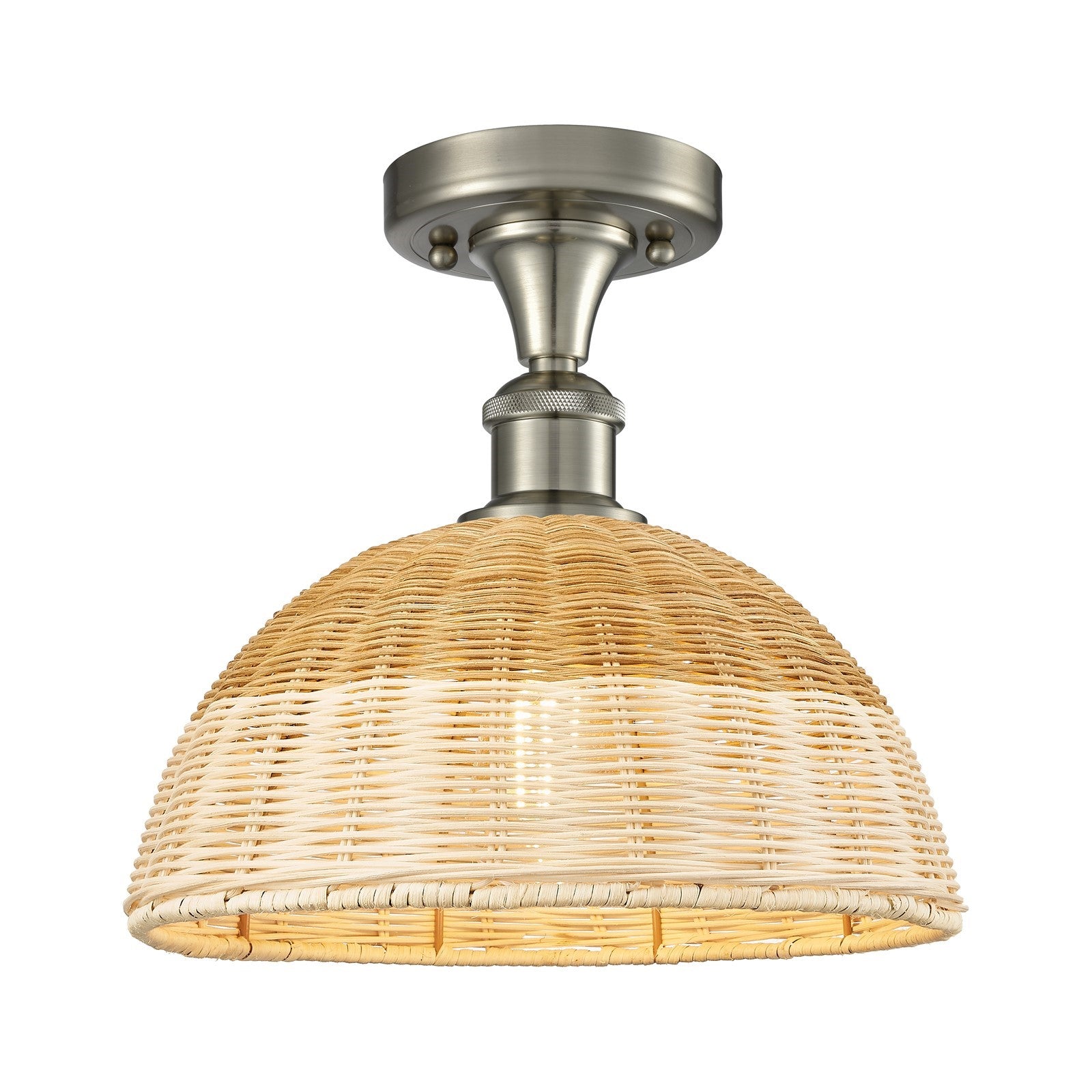 Innovations Bristol Natural II 12in 1-Light Semi-Flush | Industrial Brushed Satin Nickel and Natural Fiber Dome Shade | Model 516-1C-SN-NBD2-12-NAT
