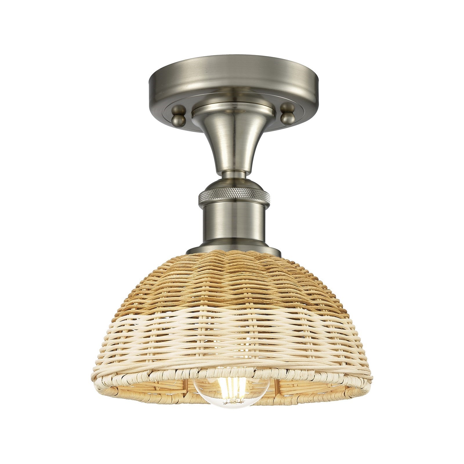 Innovations Bristol Natural II 8in 1-Light Semi-Flush | Industrial Brushed Satin Nickel and Natural Fiber Dome Shade | Model 516-1C-SN-NBD2-75-NAT