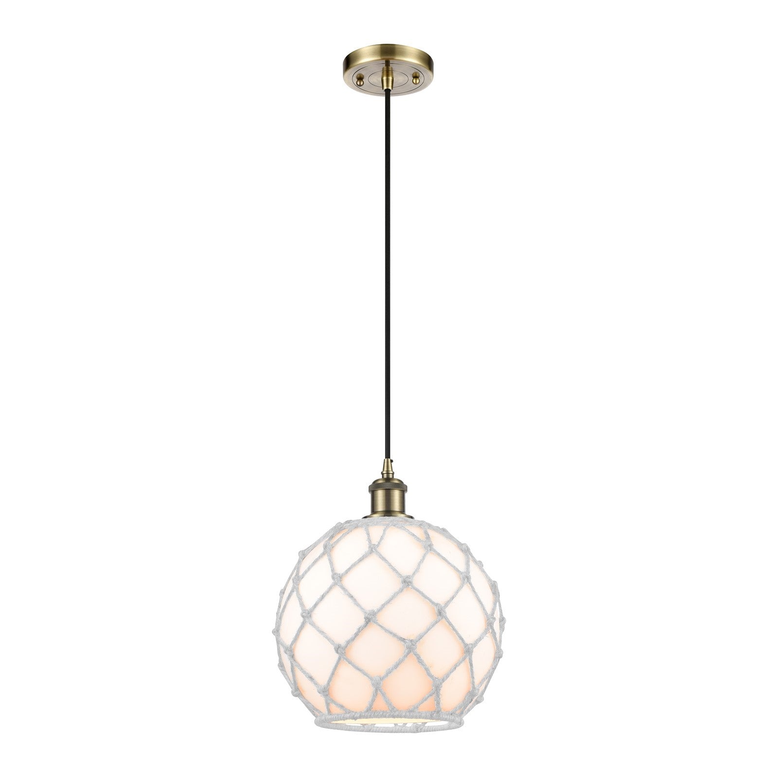 Innovations Farmhouse Rope 10in 1-Light Mini Pendant | Antique Brass and White Glass with White Rope Shade | Kitchen | Model 516-1P-AB-G121-10RW