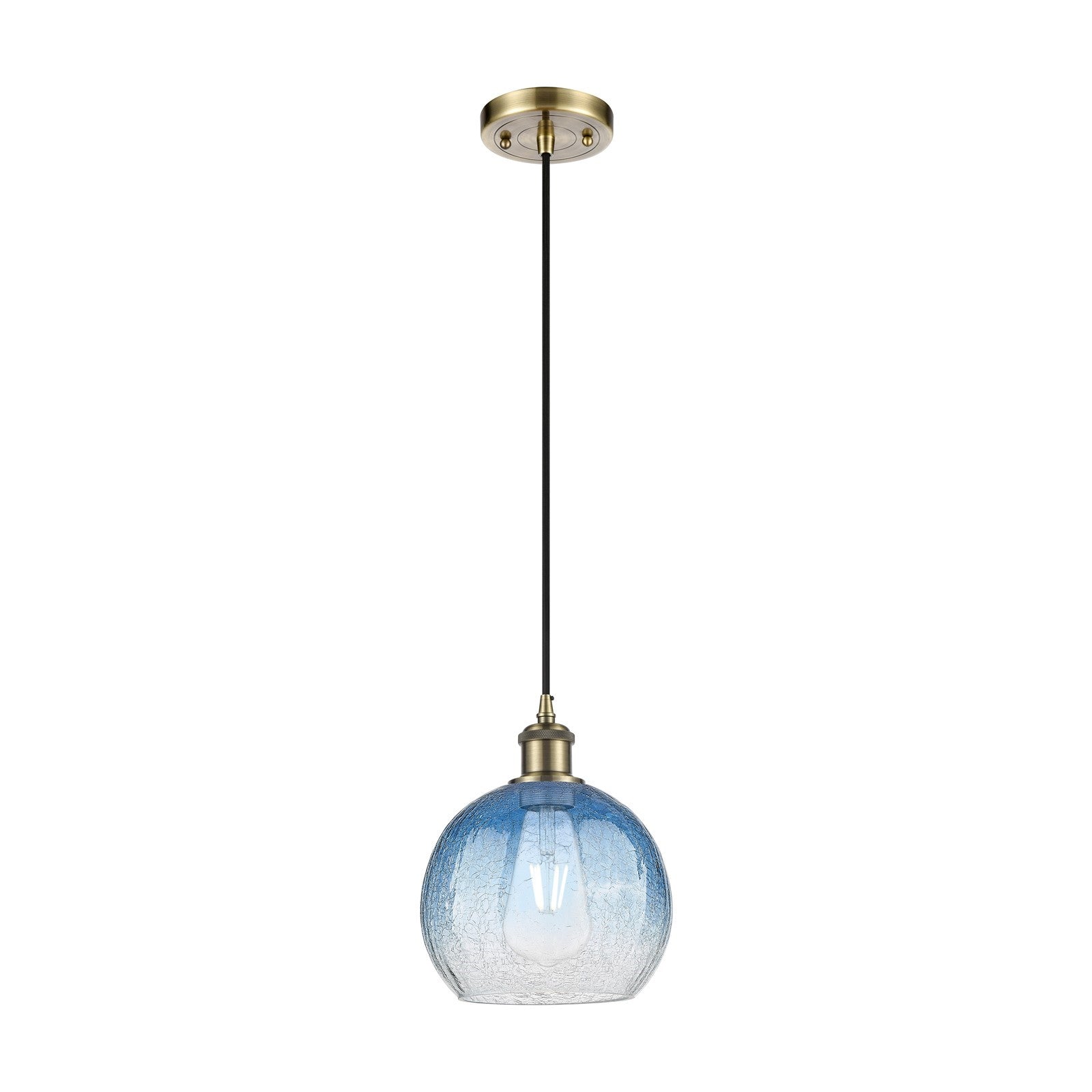 Innovations Brookhaven Globe 8in 1-Light Mini Pendant | Industrial Antique Brass and Sapphire Blue Glass | Kitchen Island | Model 516-1P-AB-G483-8SB