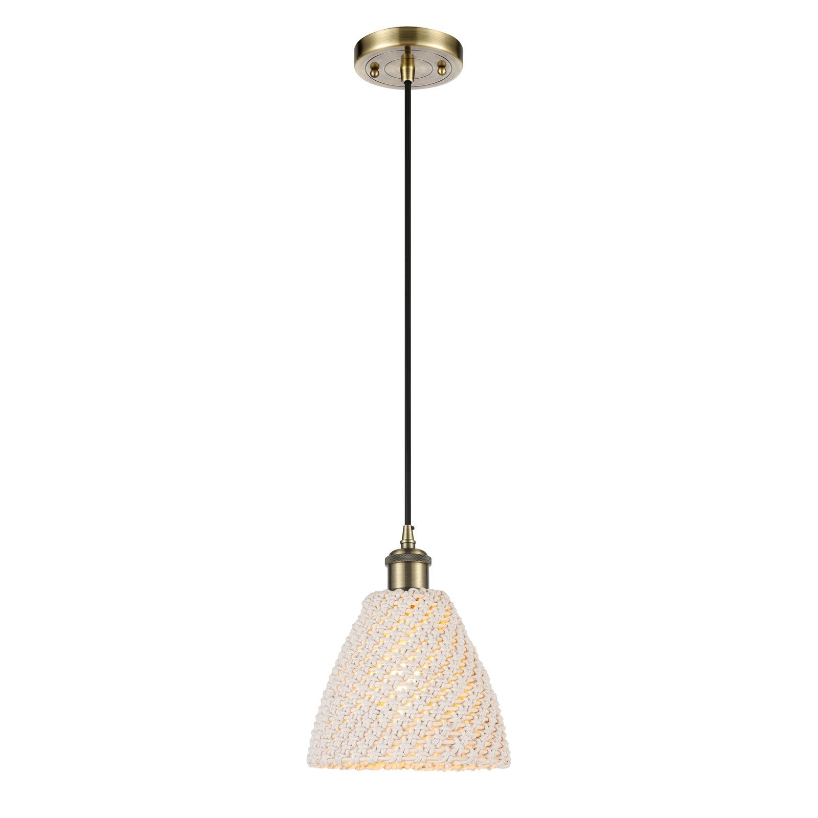 Innovations Bristol Natural 7.5in 1-Light Mini Pendant | Farmhouse Antique Brass and Natural Fiber Dome | Kitchen Island | Model 516-1P-AB-NBD-75-NAT