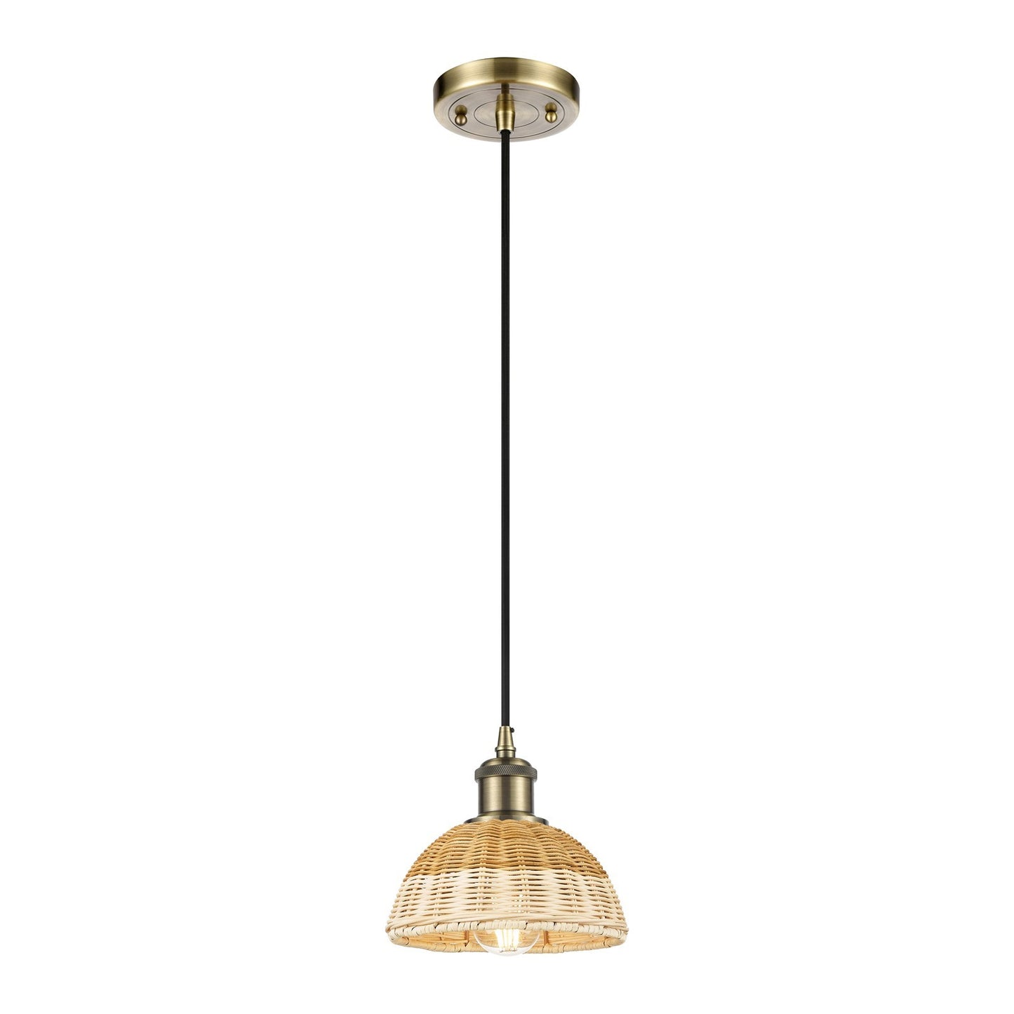 Innovations Bristol Natural II 7.5in 1-Light Mini Pendant | Industrial Antique Brass and Natural Fiber | Kitchen Island | Model 516-1P-AB-NBD2-75-NAT