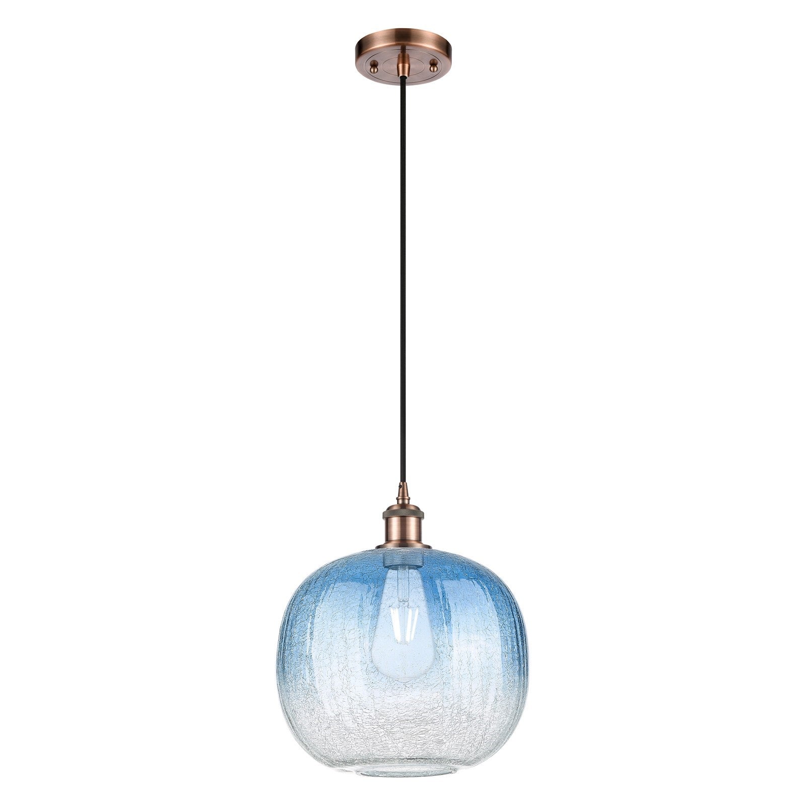 Innovations Brookhaven Sphere 10.5in 1-Light Mini Pendant | Industrial Antique Copper and Sapphire Blue Glass | Kitchen | Model 516-1P-AC-G481-10SB