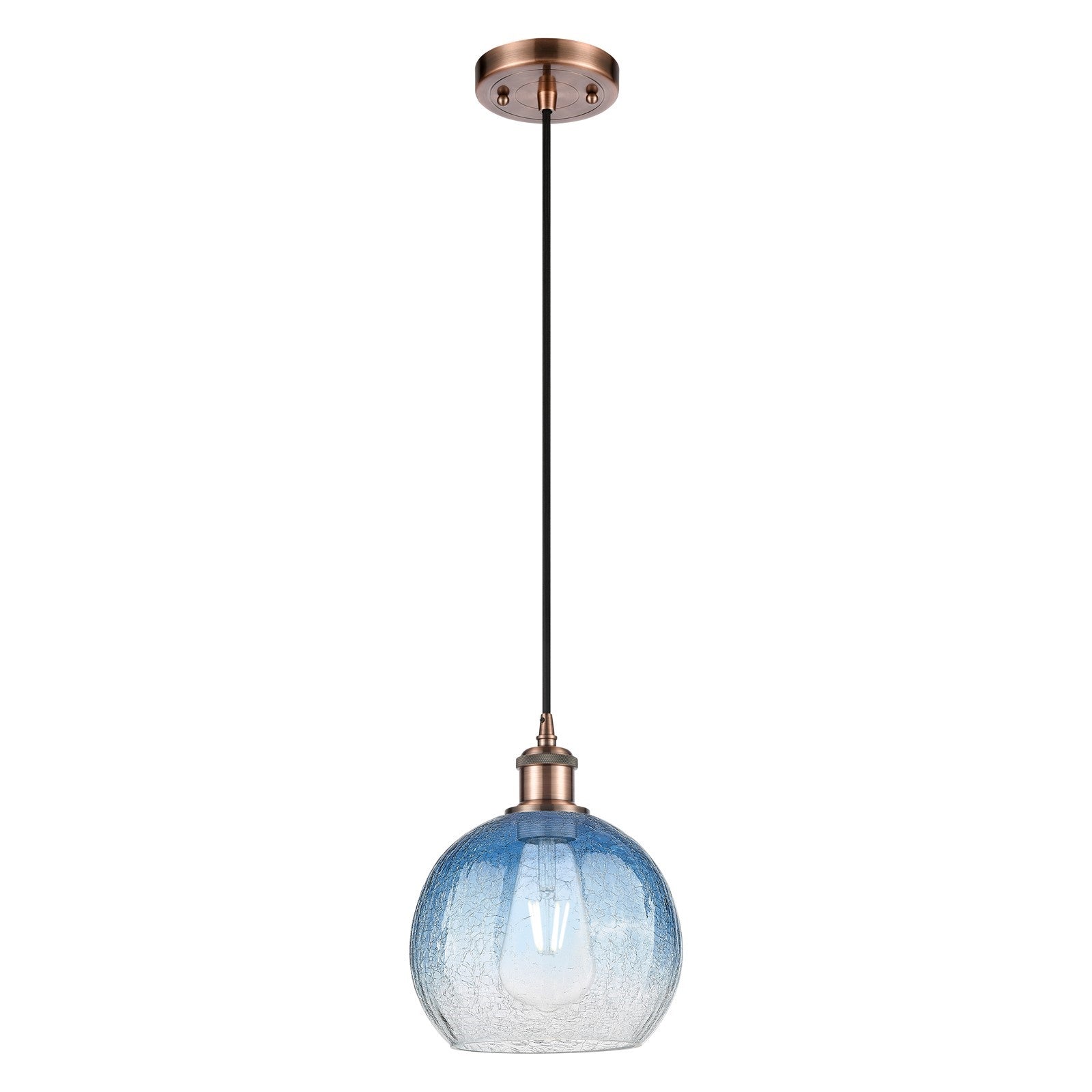 Innovations Brookhaven Globe 7.8in 1-Light Mini Pendant | Industrial Antique Copper and Sapphire Blue Glass | Kitchen | Model 516-1P-AC-G483-8SB