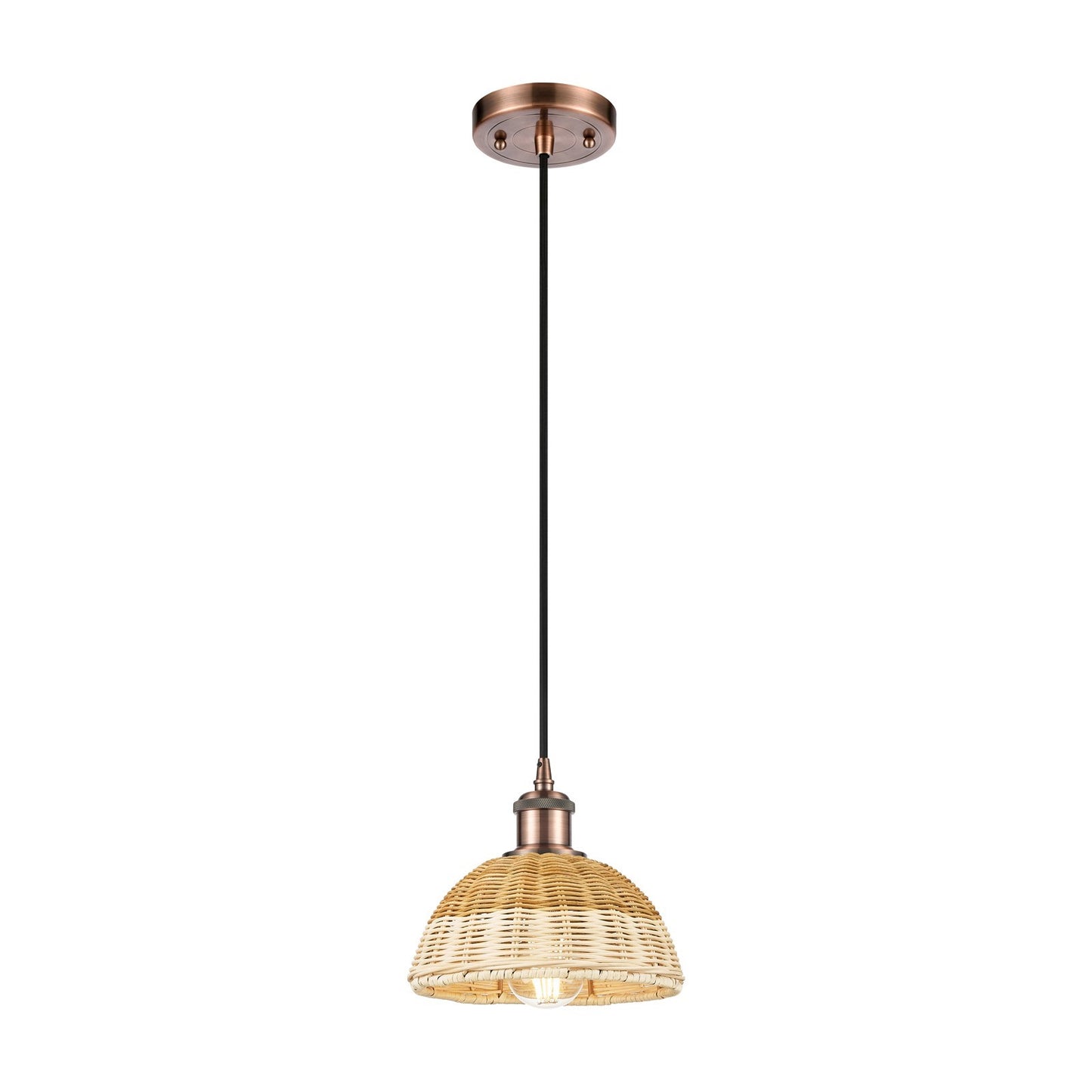 Innovations Bristol Natural II 7.5in 1-Light Mini Pendant | Antique Copper and Natural Fiber Dome Shade | Kitchen | Model 516-1P-AC-NBD2-75-NAT