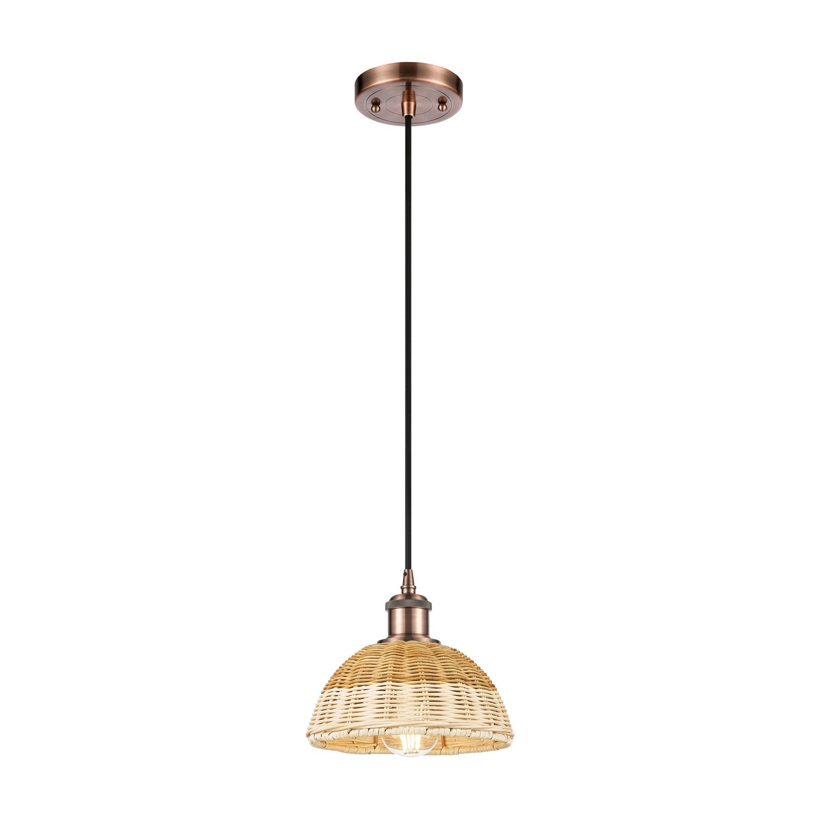 Innovations Bristol Natural II 7.5in 1-Light Mini Pendant | Antique Copper and Natural Fiber Dome Shade | Kitchen | Model 516-1P-AC-NBD2-75-NAT