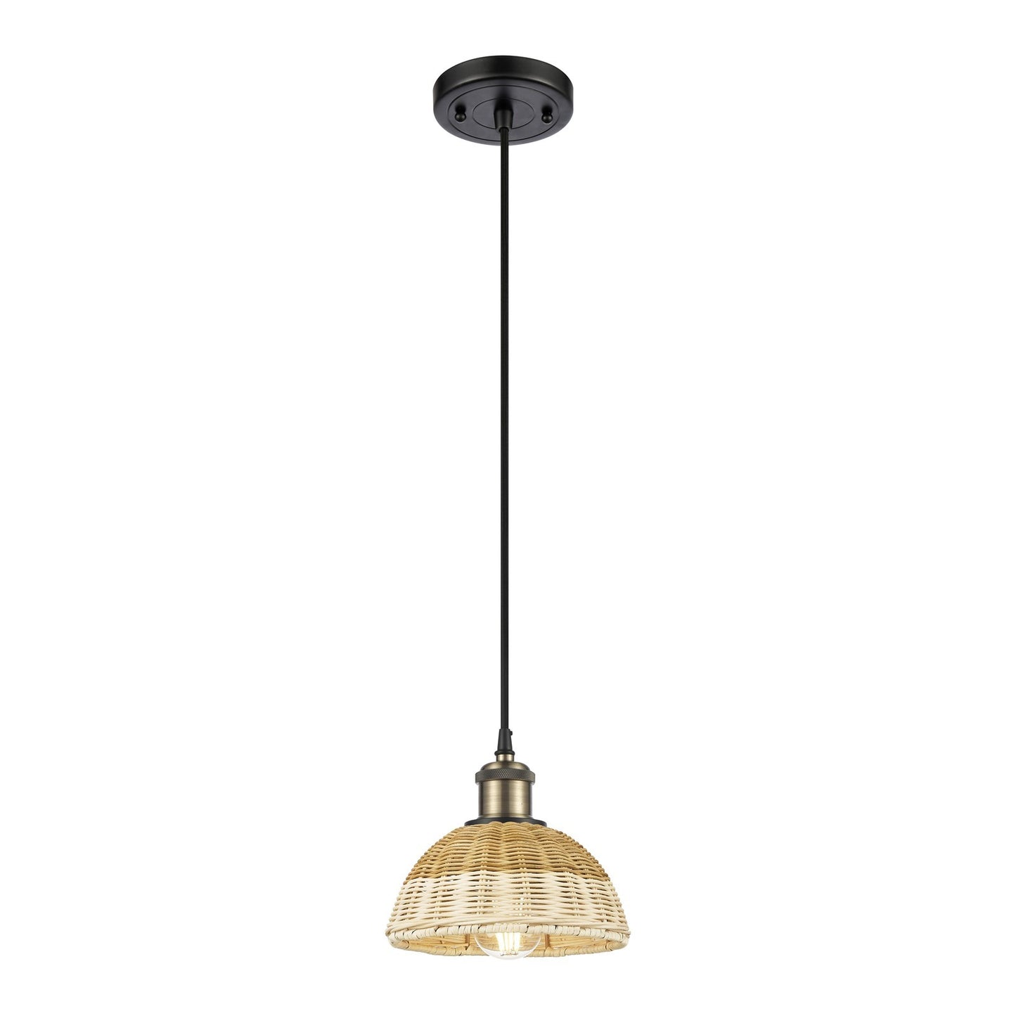 Innovations Bristol Natural II 7.5in 1-Light Mini Pendant | Industrial Black Antique Brass and Natural Fiber Dome | Model 516-1P-BAB-NBD2-75-NAT