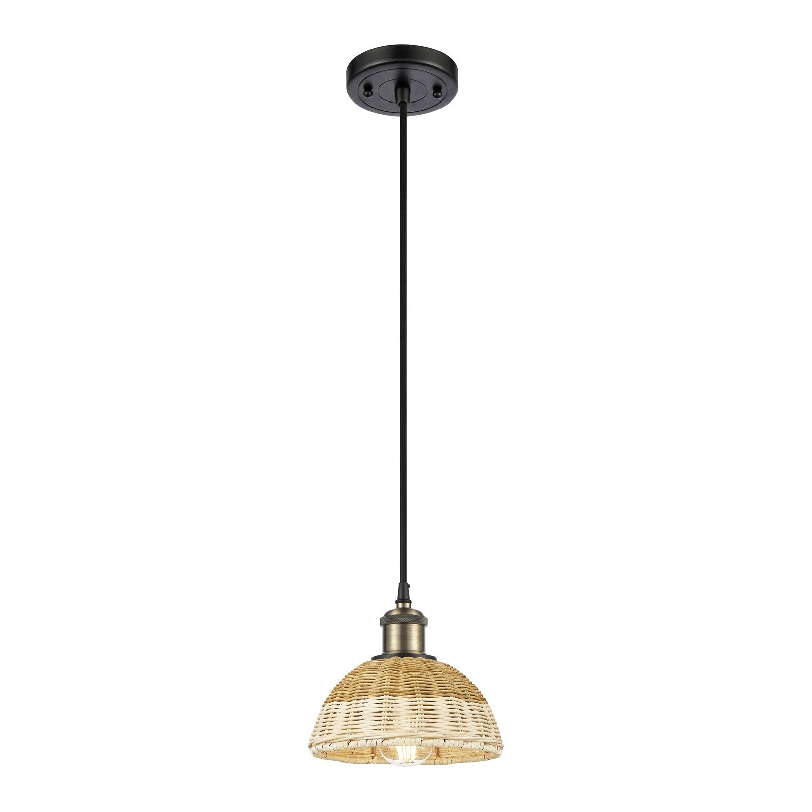 Innovations Bristol Natural II 7.5in 1-Light Mini Pendant | Industrial Black Antique Brass and Natural Fiber Dome | Model 516-1P-BAB-NBD2-75-NAT
