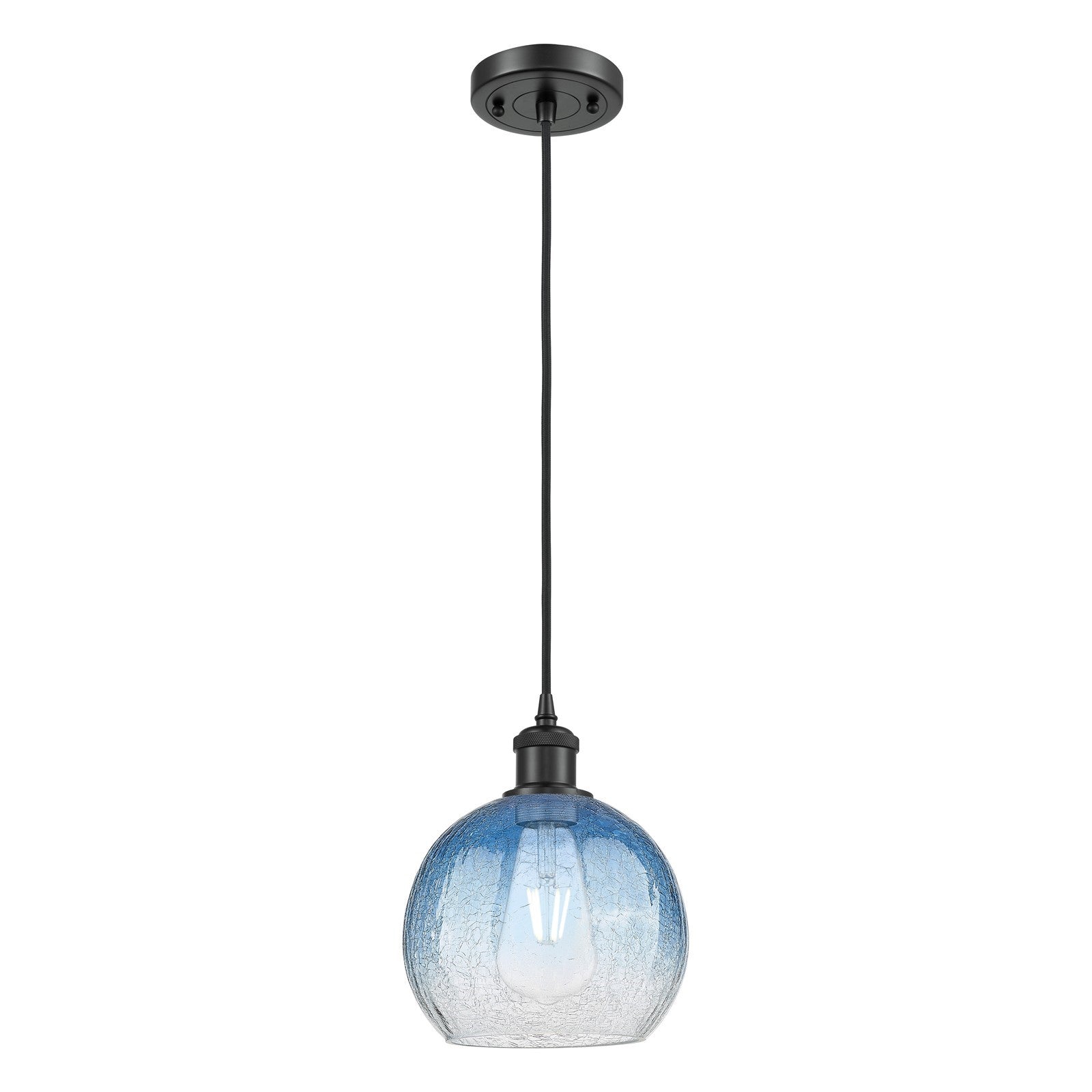Innovations Brookhaven Globe 8in 1-Light Mini Pendant | Industrial Matte Black and Sapphire Blue Glass | Kitchen Island | Model 516-1P-BK-G483-8SB