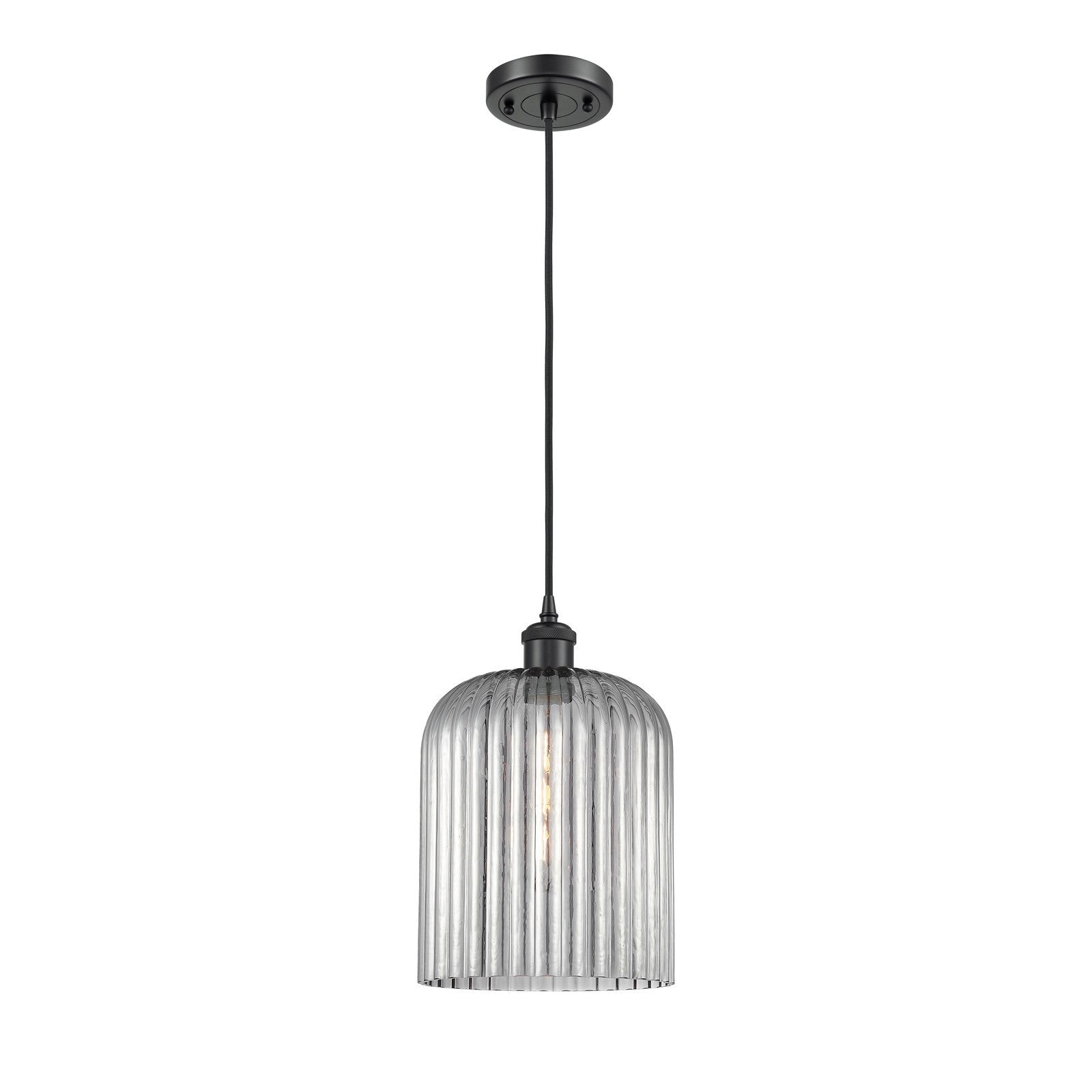 Innovations Bridal Veil 5in 1-Light Mini Pendant | Art Nouveau Matte Black and Light Smoke Ribbed Glass | Kitchen Island | Model 516-1P-BK-G559-8SM