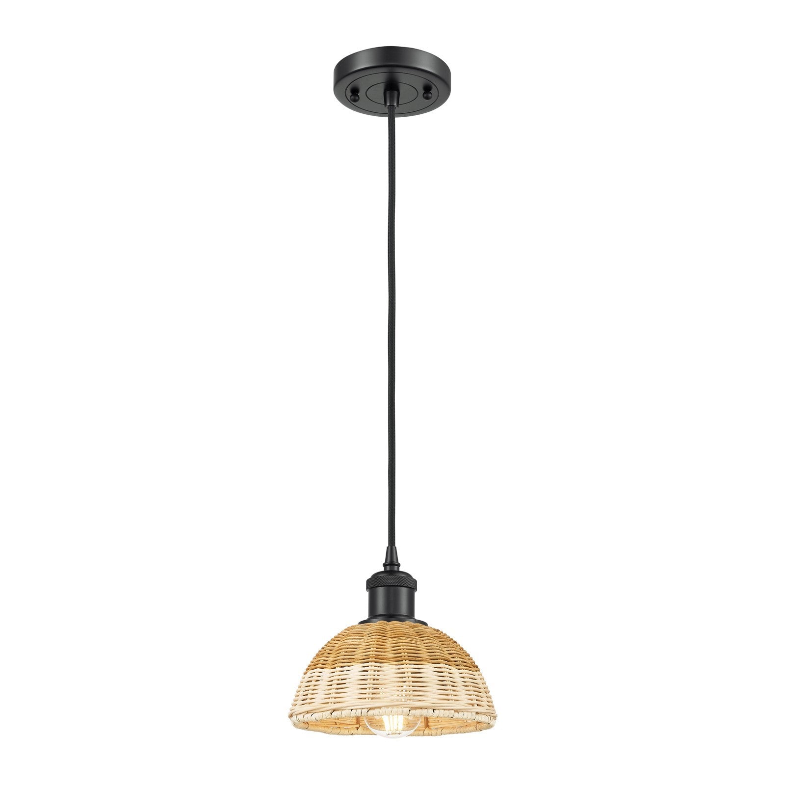 Innovations Bristol Natural II 7.5in 1-Light Mini Pendant | Industrial Matte Black and Natural Fiber Dome | Kitchen | Model 516-1P-BK-NBD2-75-NAT