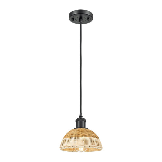 Innovations Bristol Natural II 7.5in 1-Light Mini Pendant | Industrial Matte Black and Natural Fiber Dome | Kitchen | Model 516-1P-BK-NBD2-75-NAT