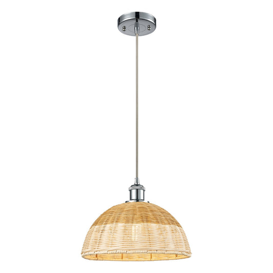 Innovations Bristol Natural II 12in 1-Light Mini Pendant | Industrial Polished Chrome and Natural Fiber Dome | Kitchen | Model 516-1P-PC-NBD2-12-NAT
