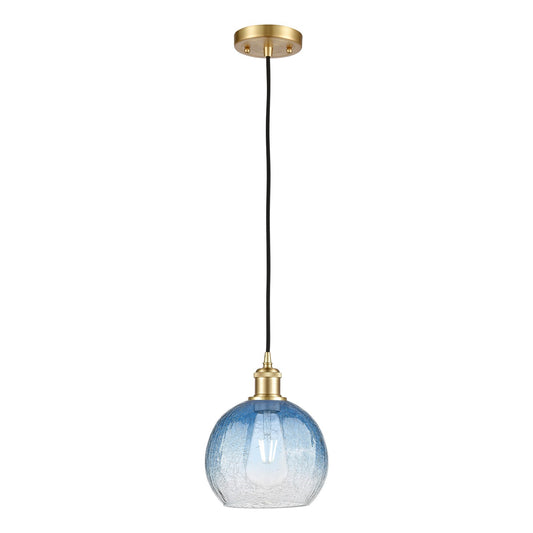 Innovations Brookhaven Globe 8in 1-Light Mini Pendant | Industrial Satin Gold and Sapphire Blue Glass | Kitchen Island | Model 516-1P-SG-G483-8SB