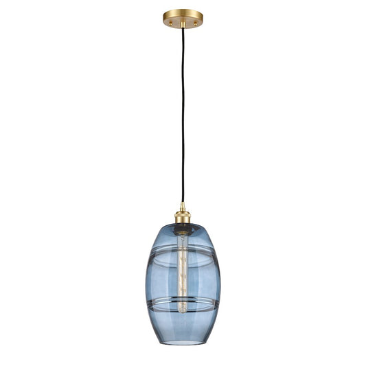 Innovations Vaz 8in 1-Light Mini Pendant | Industrial Satin Gold Steel and Princess Blue Glass | Kitchen Island & Dining Room | Model 516-1P-SG-G557-8BL