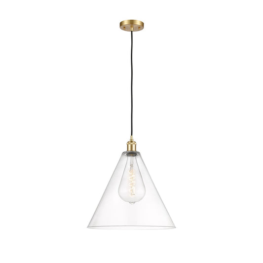Innovations Berkshire 16in 1-Light LED Pendant | Industrial Satin Gold and Clear Glass | Kitchen Island & Dining Room | Model 516-1P-SG-GBC-162-LED
