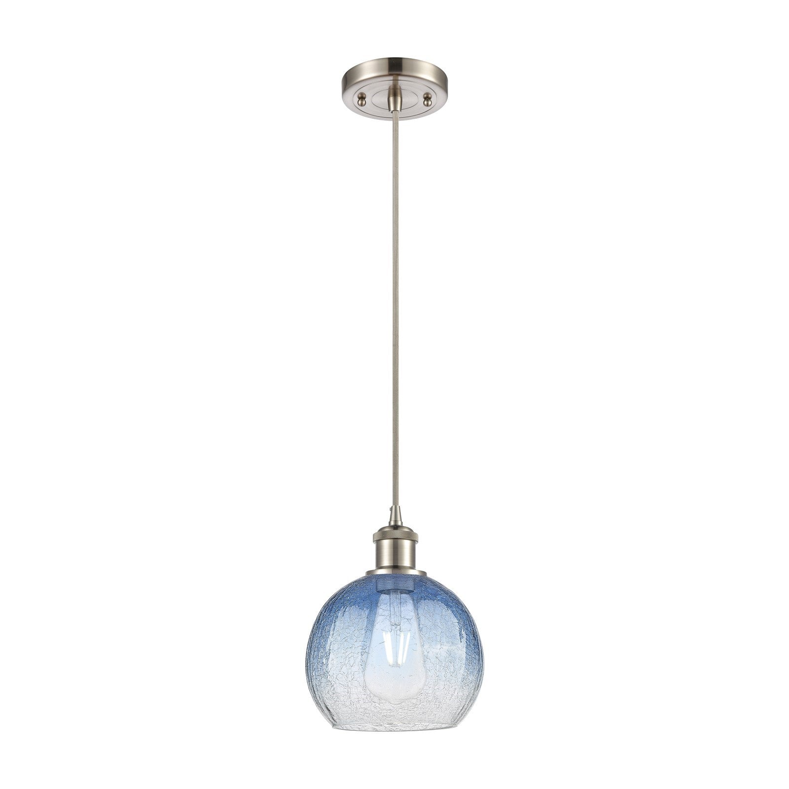 Innovations Brookhaven Globe 8in 1-Light Mini Pendant | Industrial Brushed Satin Nickel and Sapphire Blue Glass | Kitchen | Model 516-1P-SN-G483-8SB