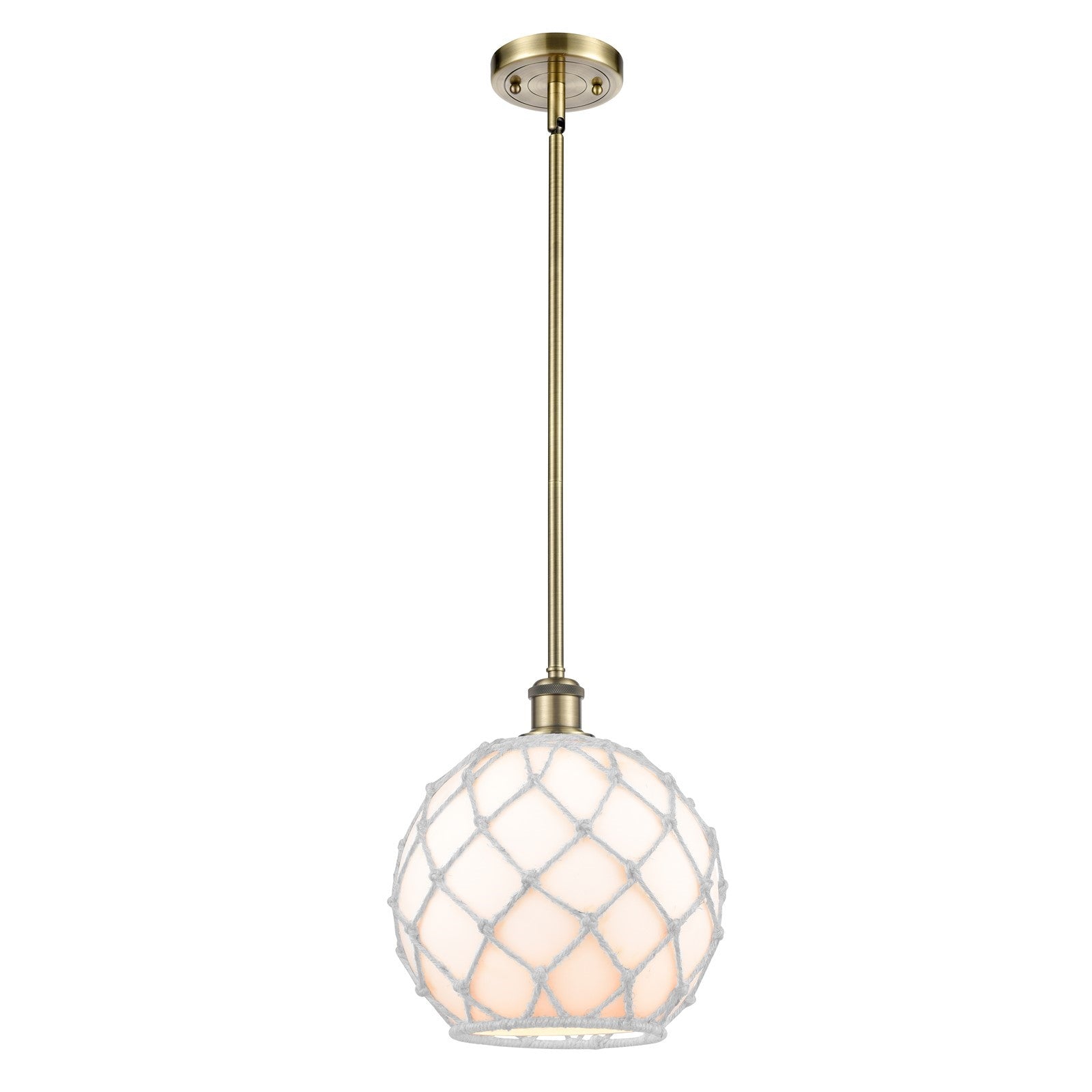 Innovations Farmhouse Rope 10in 1-Light Mini Pendant | Industrial Antique Brass and White Glass with White Rope | Kitchen | Model 516-1S-AB-G121-10RW