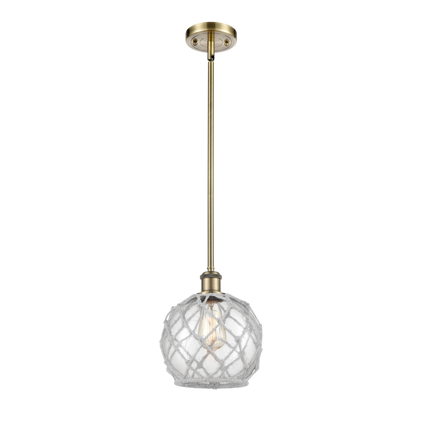 Innovations Farmhouse Rope 8in 1-Light Mini Pendant | Industrial Antique Brass Steel and Clear Glass with White Rope | Kitchen | Model 516-1S-AB-G122-8RW
