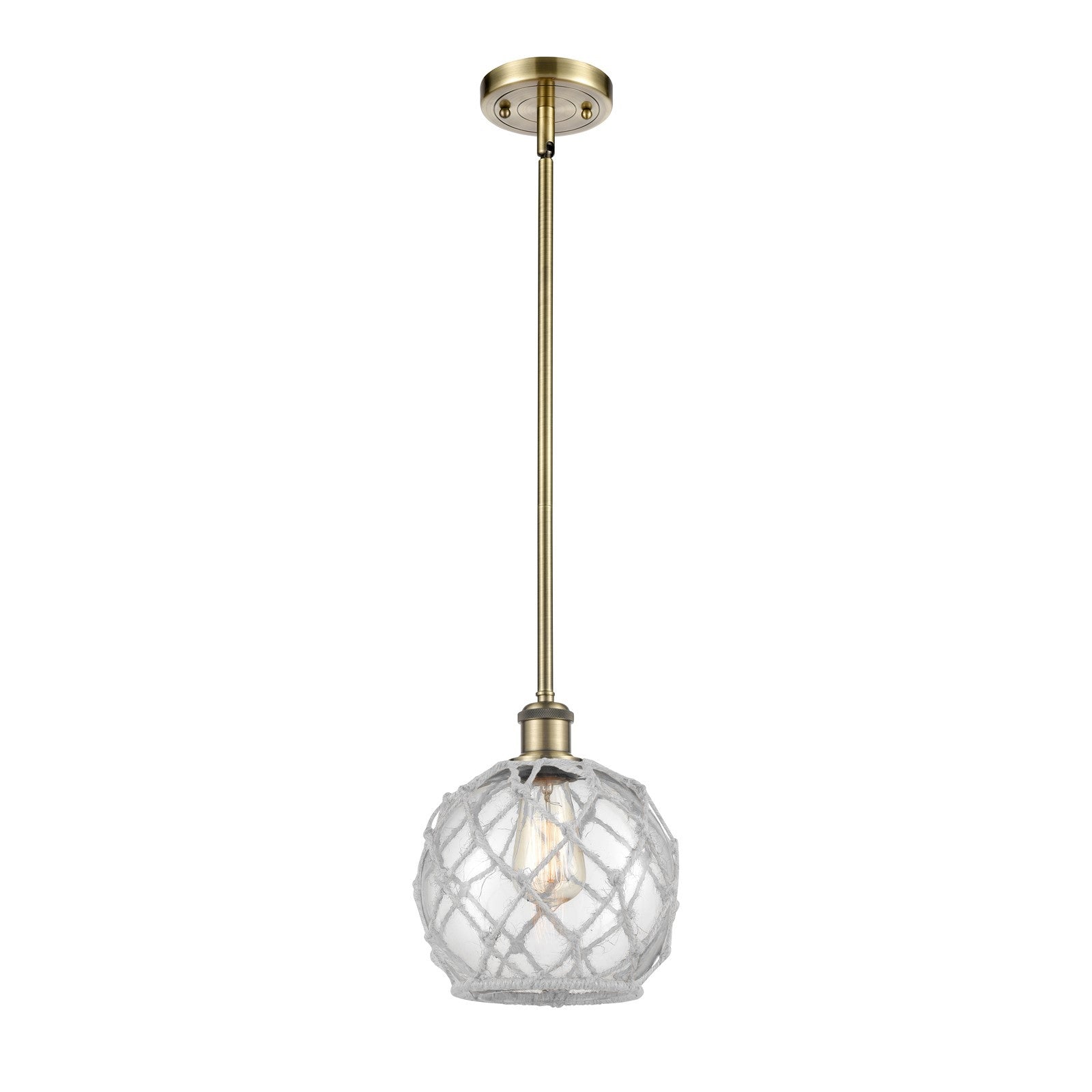 Innovations Farmhouse Rope 8in 1-Light Mini Pendant | Industrial Antique Brass Steel and Clear Glass with White Rope | Kitchen | Model 516-1S-AB-G122-8RW