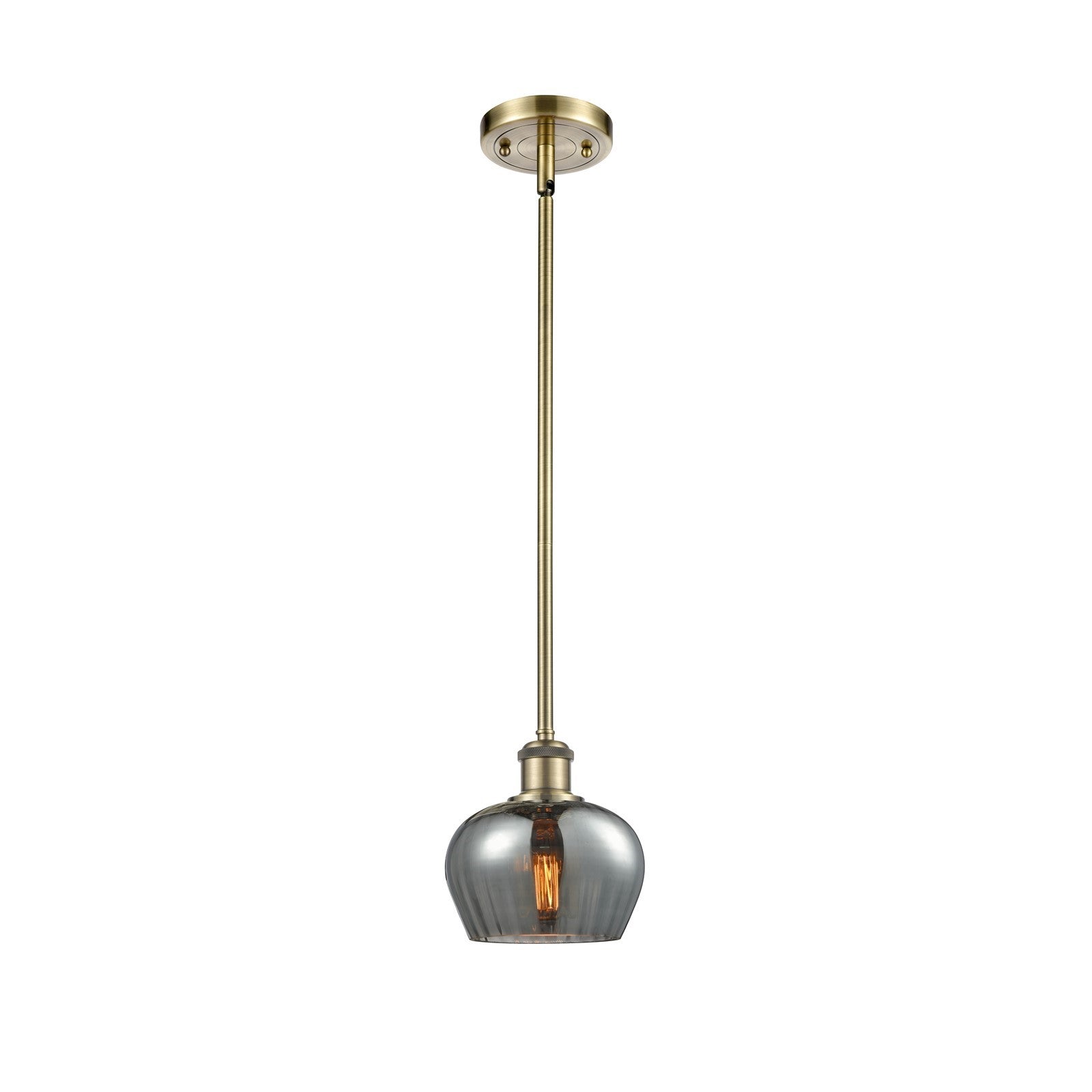 Innovations Fenton 1-Light 6.5in Mini Pendant | Industrial Antique Brass Steel and Light Smoke Ribbed Glass | Kitchen Island & | Model 516-1S-AB-G93