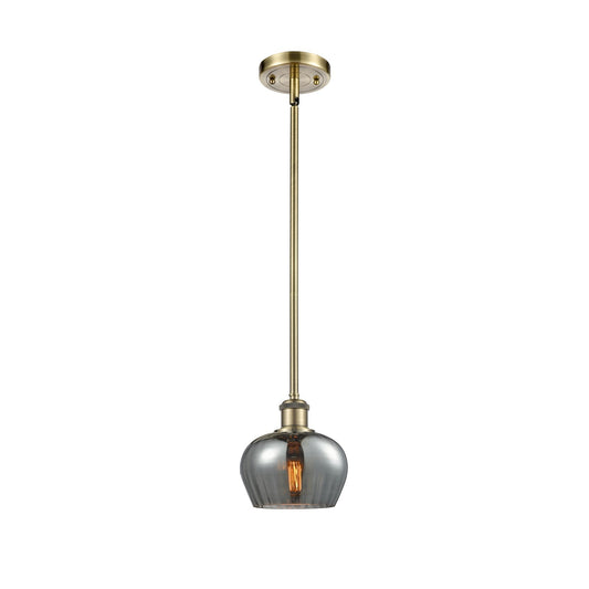 Innovations Fenton 1-Light 6.5in Mini Pendant | Industrial Antique Brass Steel and Light Smoke Ribbed Glass | Kitchen Island & | Model 516-1S-AB-G93