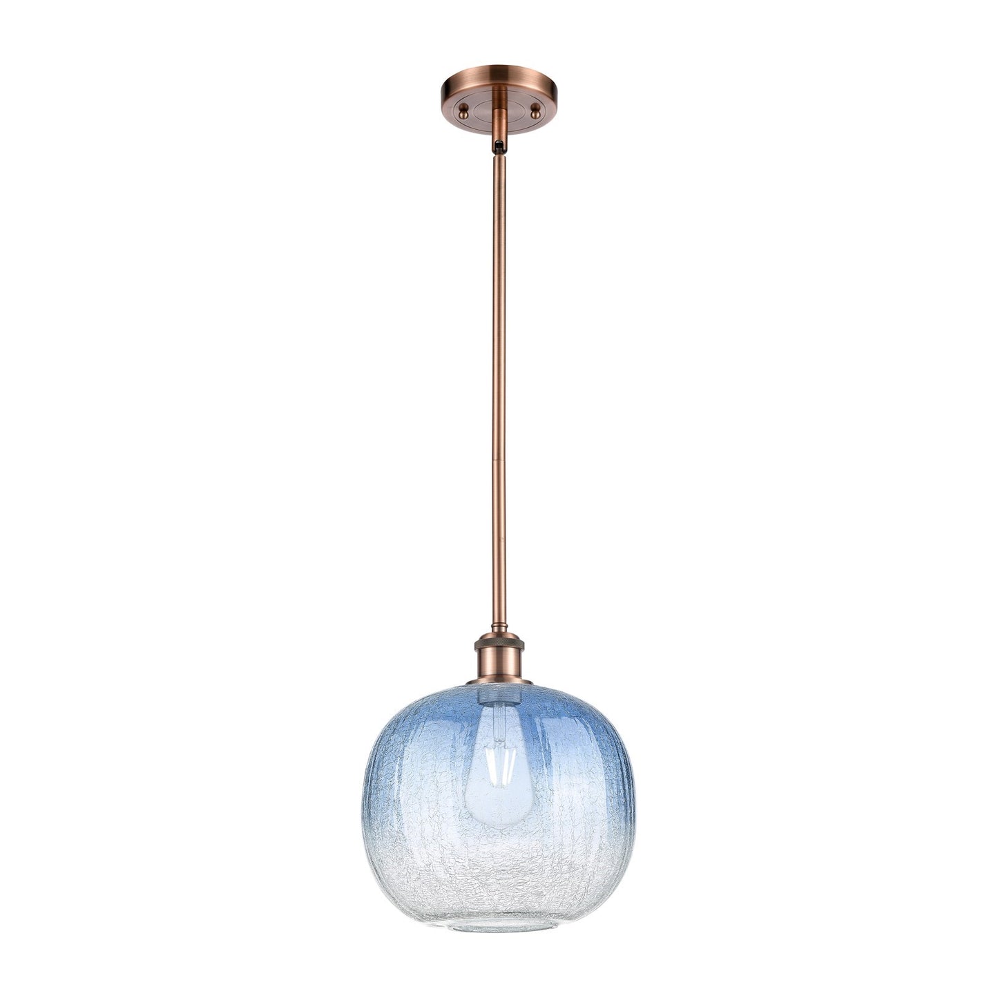 Innovations Brookhaven Sphere 10.5in 1-Light Mini Pendant | Industrial Antique Copper and Sapphire Blue Glass | Kitchen | Model 516-1S-AC-G481-10SB