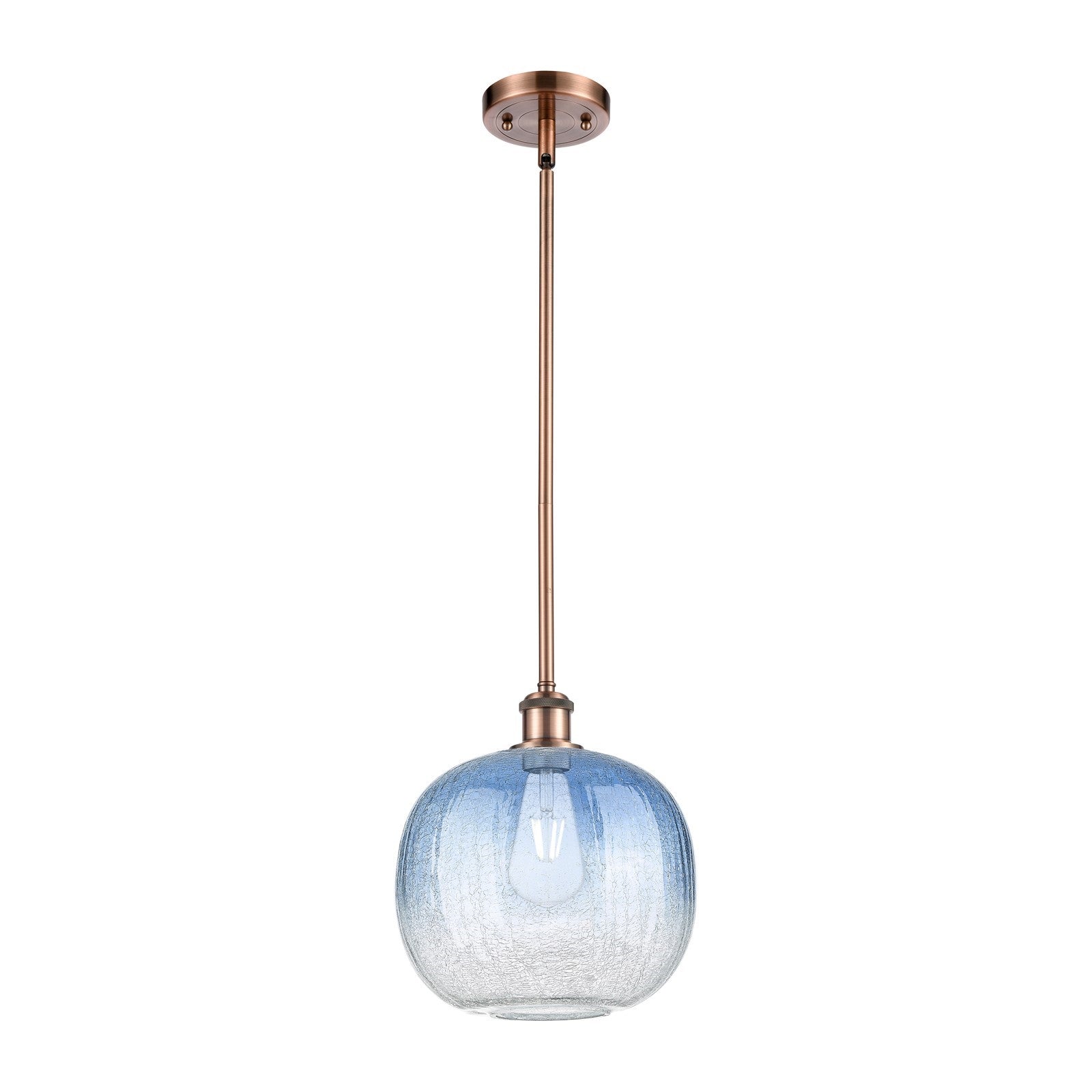 Innovations Brookhaven Sphere 10.5in 1-Light Mini Pendant | Industrial Antique Copper and Sapphire Blue Glass | Kitchen | Model 516-1S-AC-G481-10SB