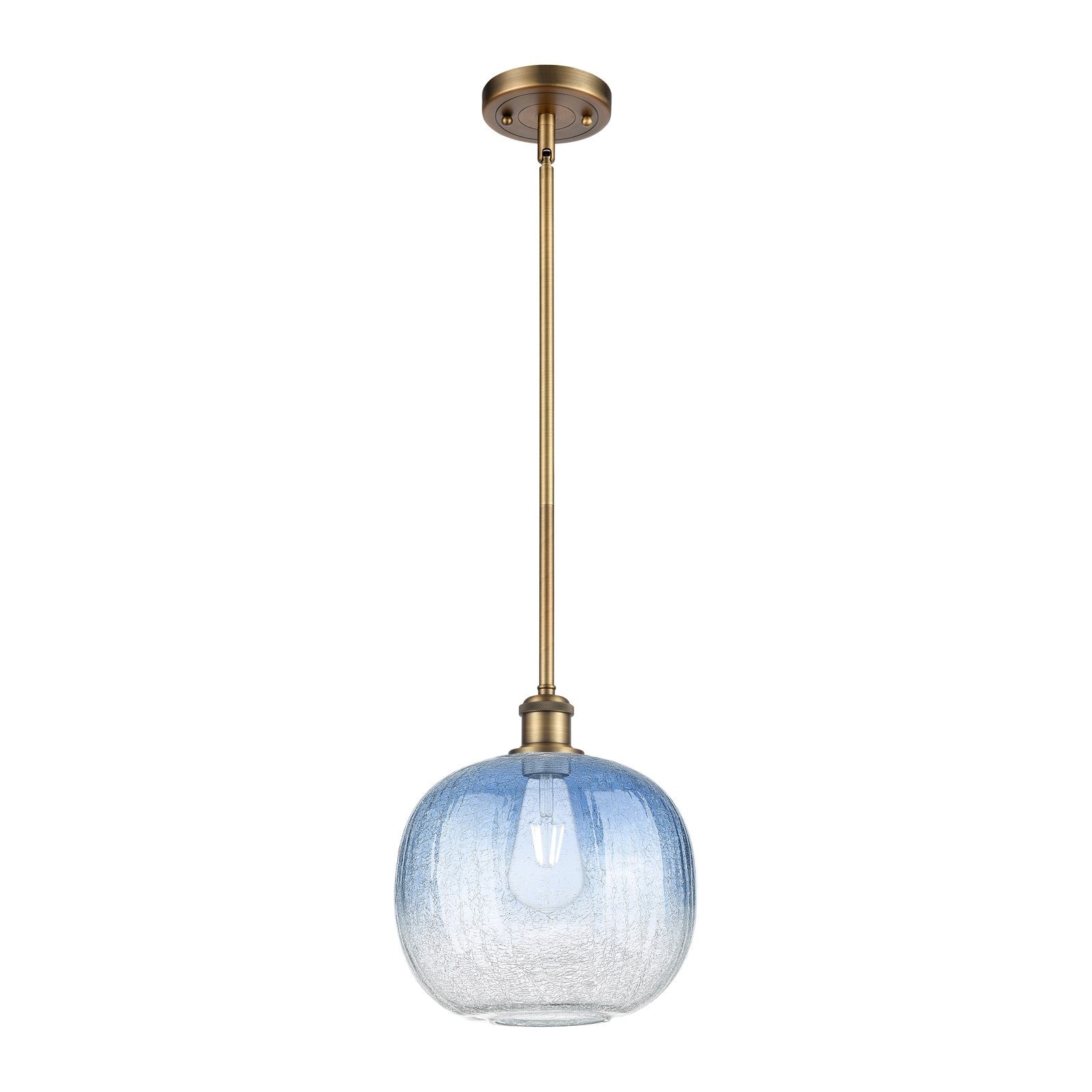 Innovations Brookhaven Sphere 10.5in 1-Light Mini Pendant | Industrial Brushed Brass and Sapphire Blue Glass | Kitchen | Model 516-1S-BB-G481-10SB