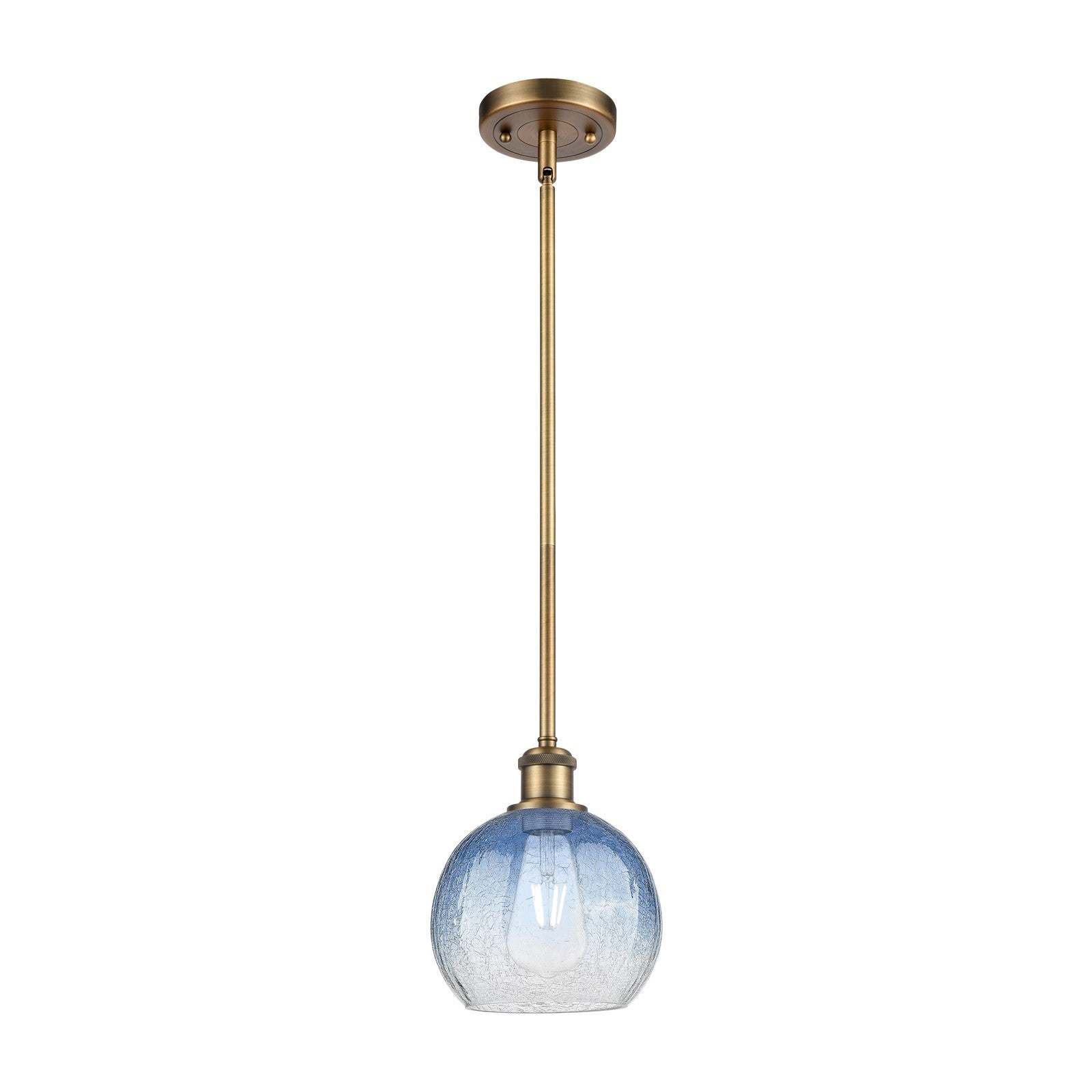 Innovations Brookhaven Globe 7.88in 1-Light Mini Pendant | Industrial Brushed Brass and Sapphire Blue Glass | Kitchen | Model 516-1S-BB-G483-8SB