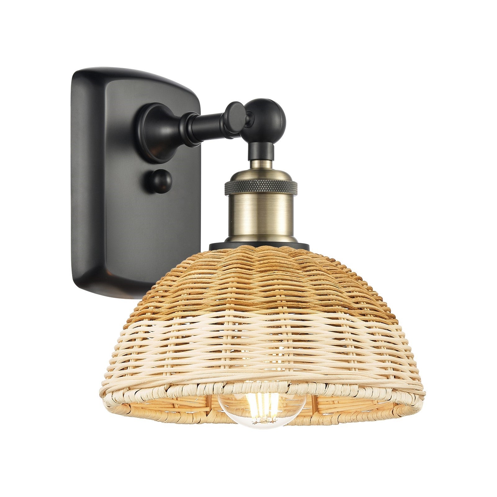 Innovations Bristol Natural II 7.5in 1-Light Wall Sconce | Industrial Black Antique Brass and Natural Fiber Dome | Model 516-1W-BAB-NBD2-75-NAT