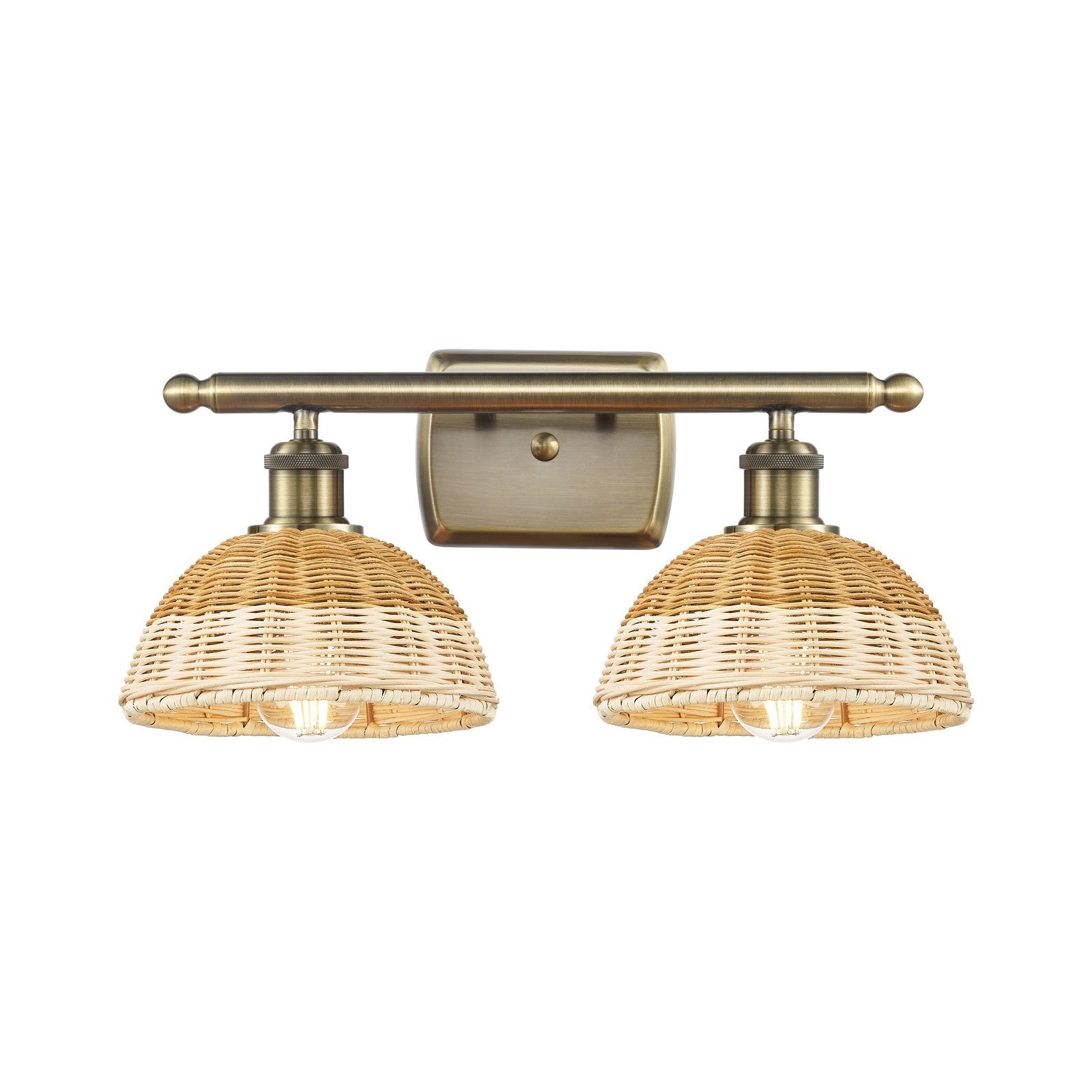 Innovations Bristol Natural II 18in 2-Light Bath Vanity Light | Industrial Antique Brass and Natural Fiber Shade | Model 516-2W-AB-NBD2-75-NAT
