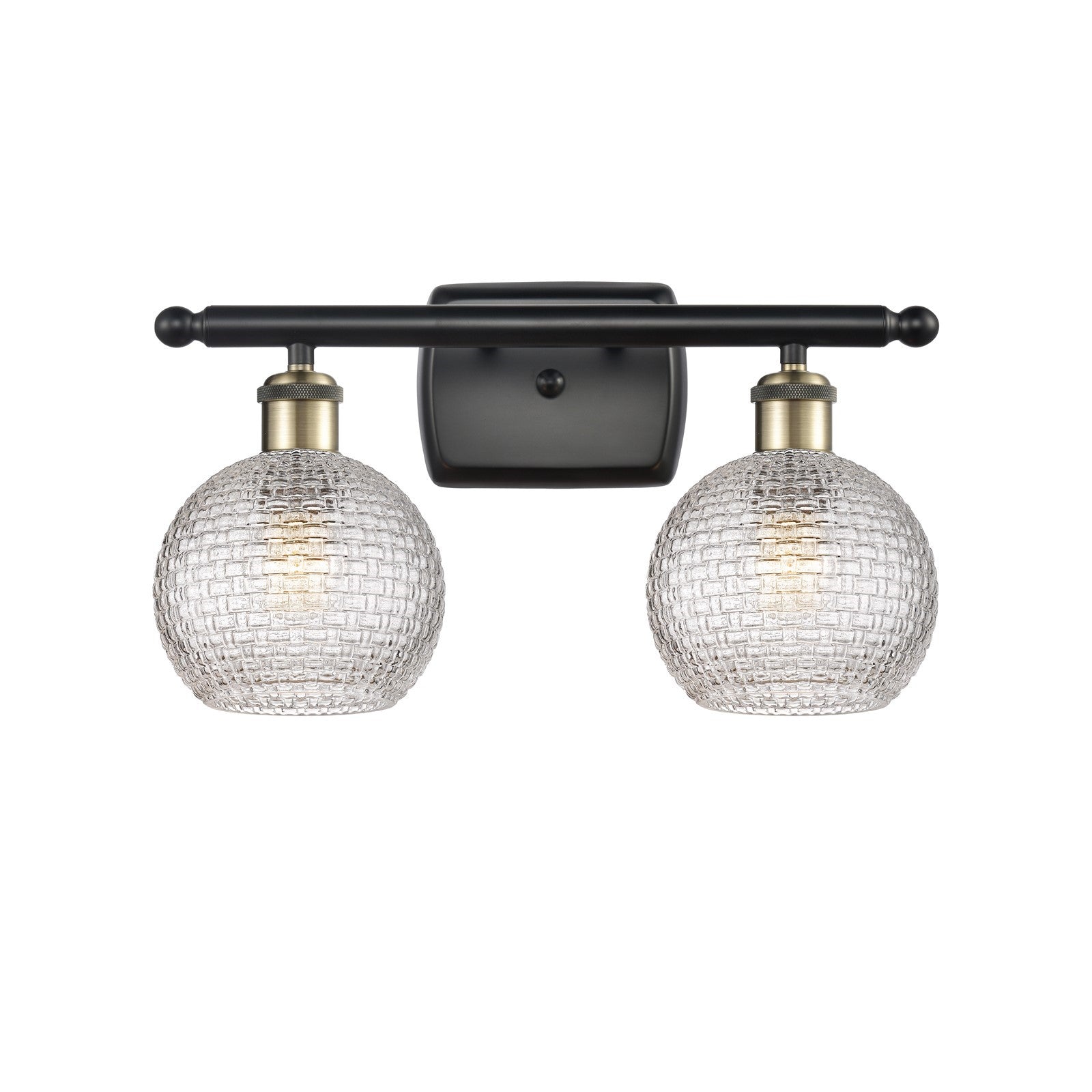 Innovations Athens 16in 2-Light Bath Vanity | Modern Black Antique Brass and Clear Basket Weave Glass | Bathroom | Model 516-2W-BAB-G122C-6CL
